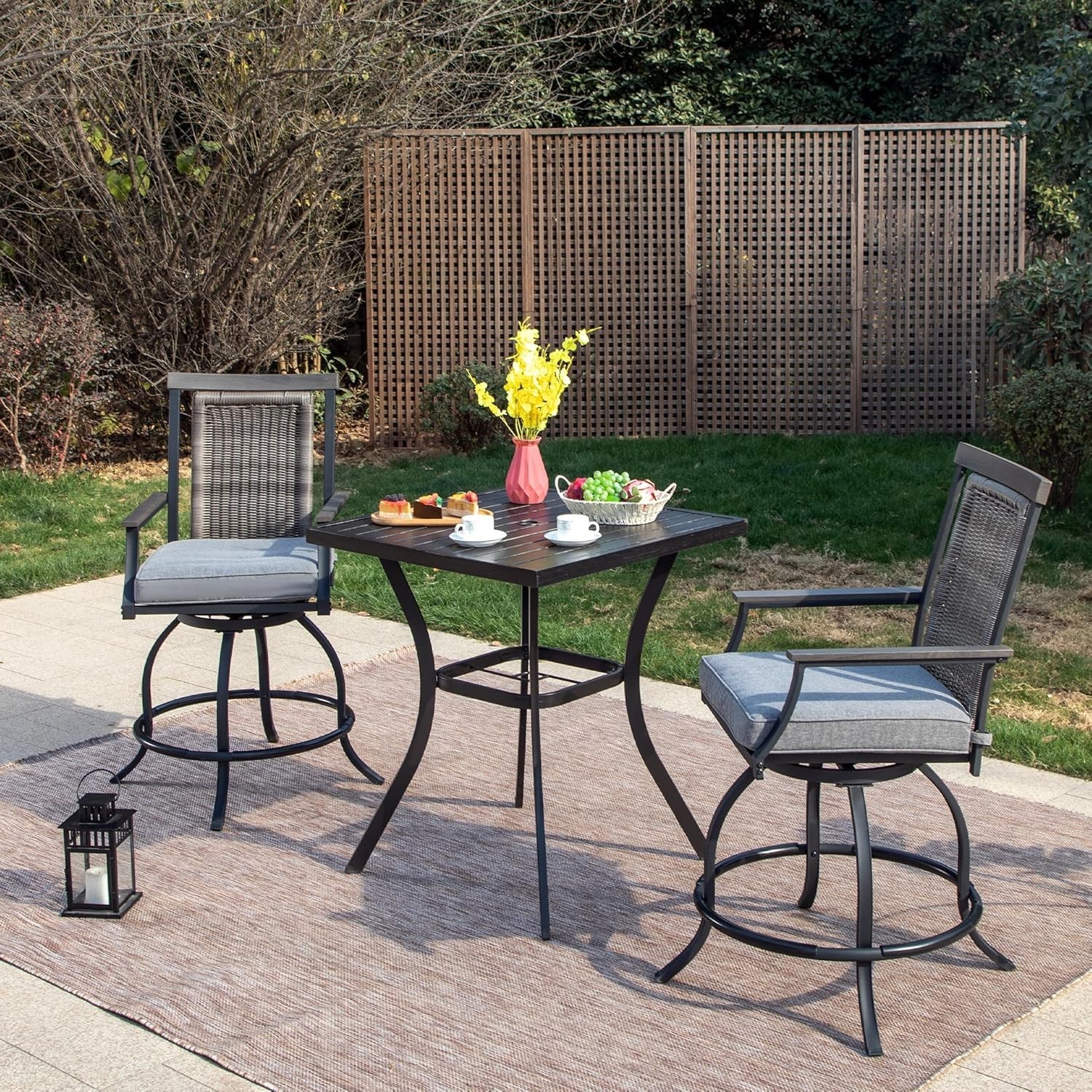 3PCS Outdoor Counter Height Table Chairs Set Swivel Bar Chairs Metal Bar Table