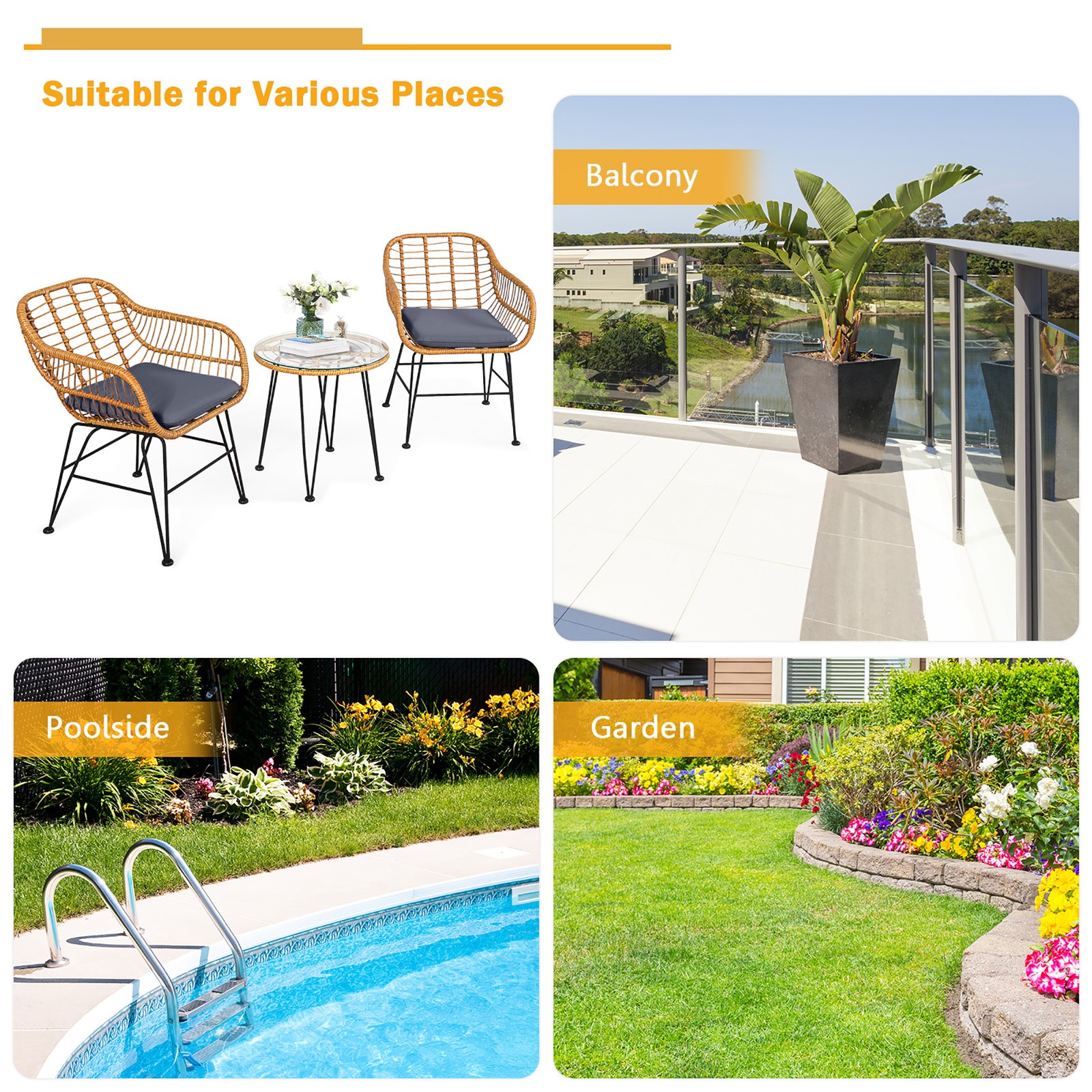 3PCS Rattan Patio Bistro Set Conversation Furniture Set w/ Grey Cushions