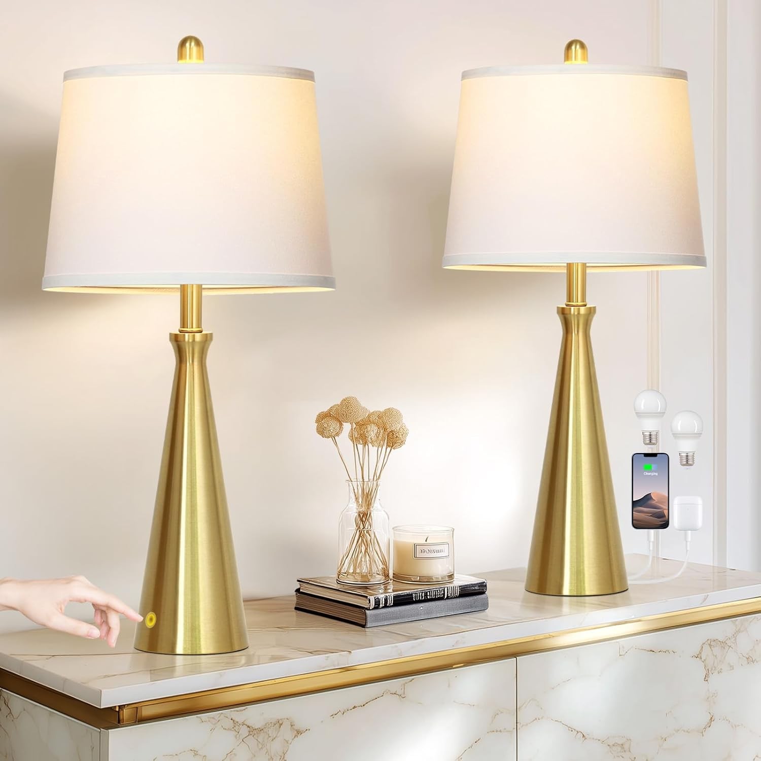 28″ Modern Gold Touch Table Lp Set of 2 for Living Room,Gold
