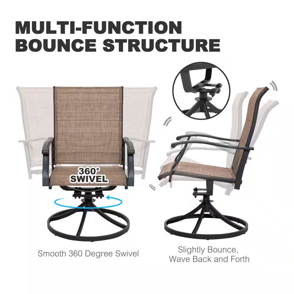 Brown 7-Piece Textilene Iron Metal Outdoor Dining Set 6-Swivel Chairs Rectangle