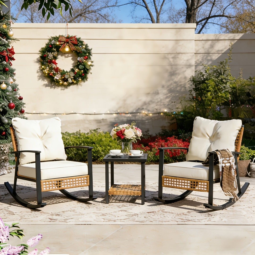 3-Piece Rocking Bistro Set, padded seats, 2-tier table, oversized rattan seating