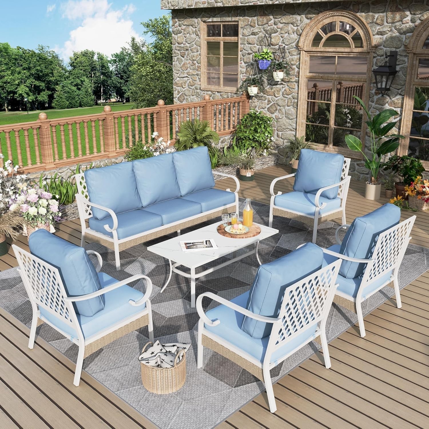 6 Pcs Patio Furniture Set Outdoor Conversation Set with Metal Chair for Backyard