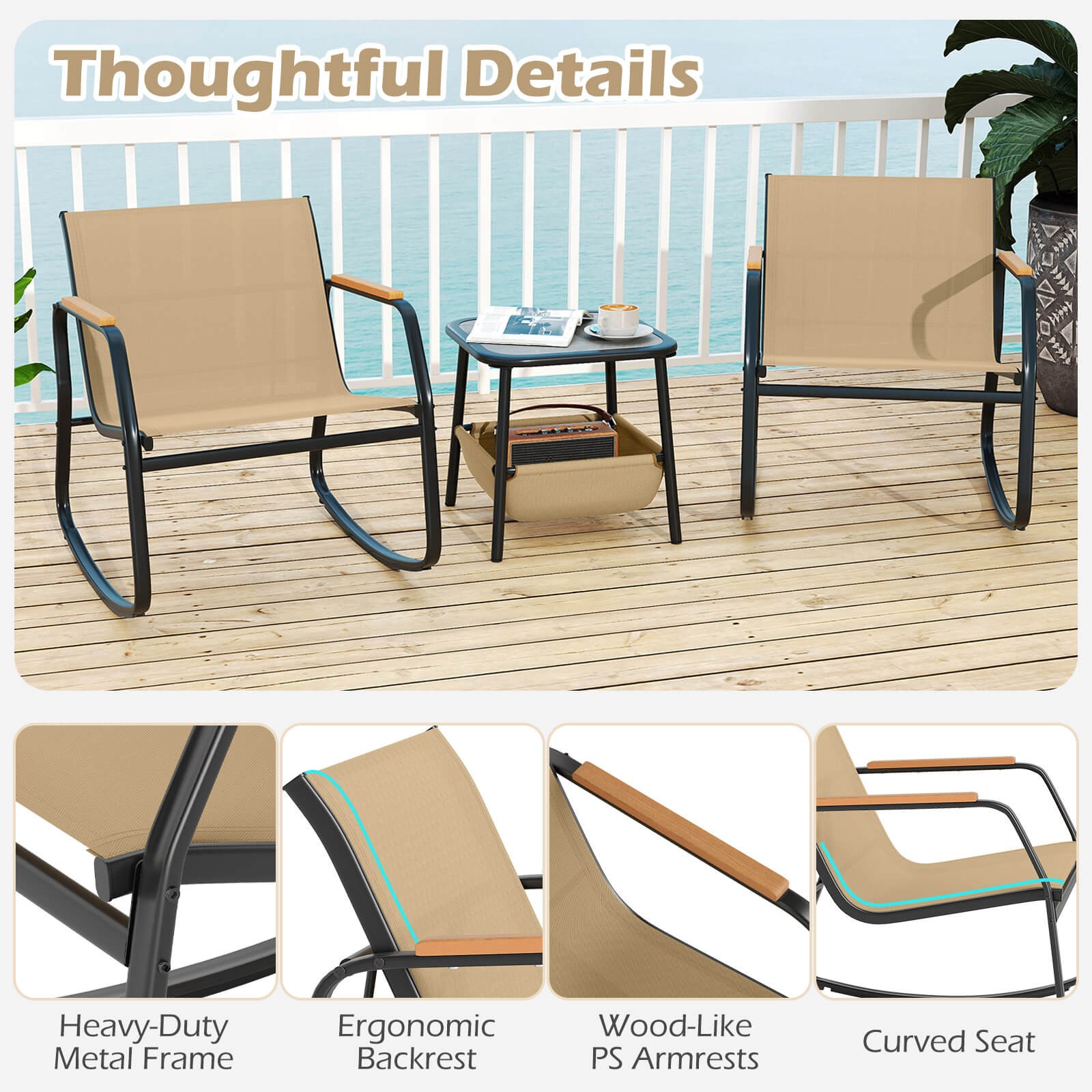 3 Piece Rocking Bistro Set w/ Storage Bag PS Armrests & Tabletop Metal Frame