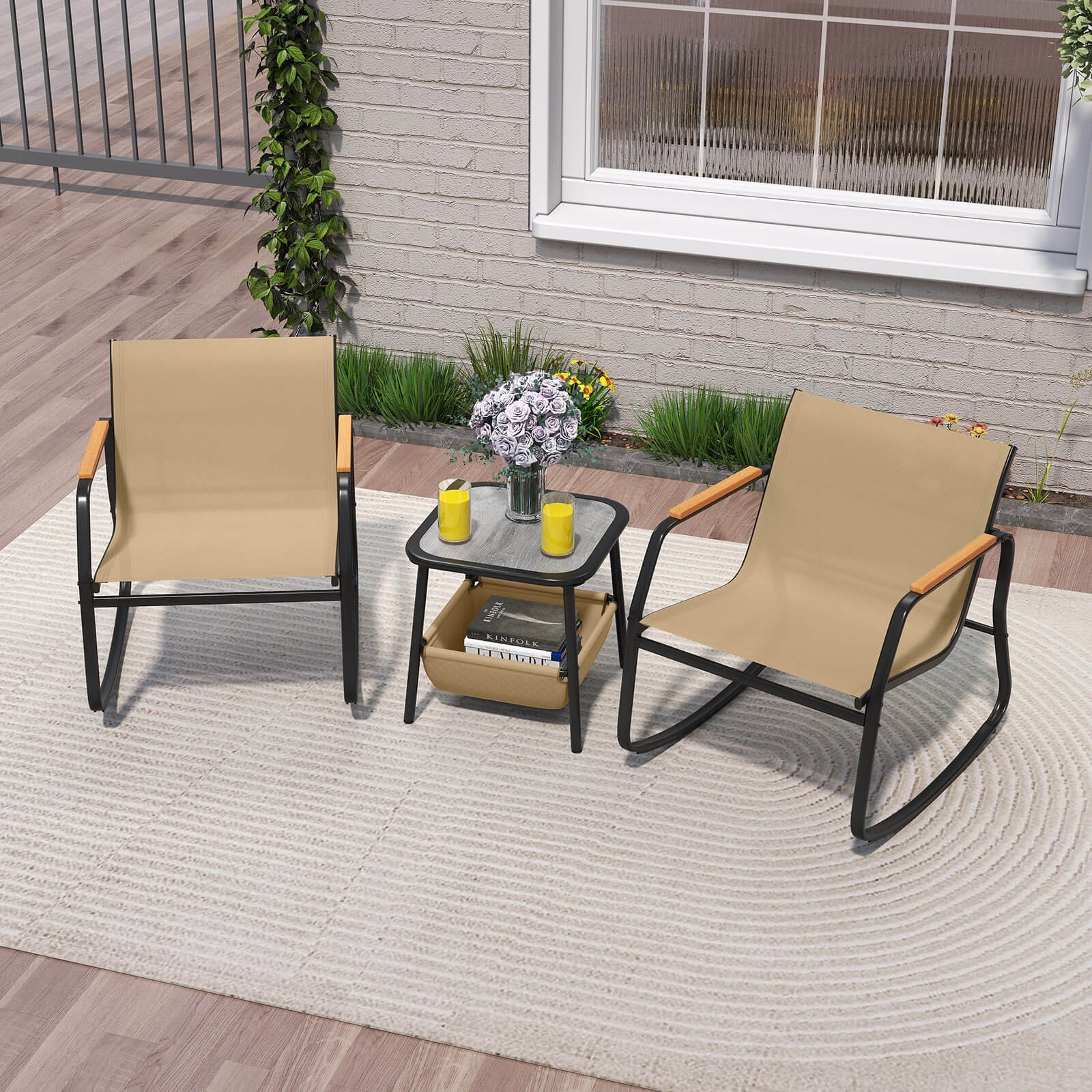 3 Piece Rocking Bistro Set w/ Storage Bag PS Armrests & Tabletop Metal Frame