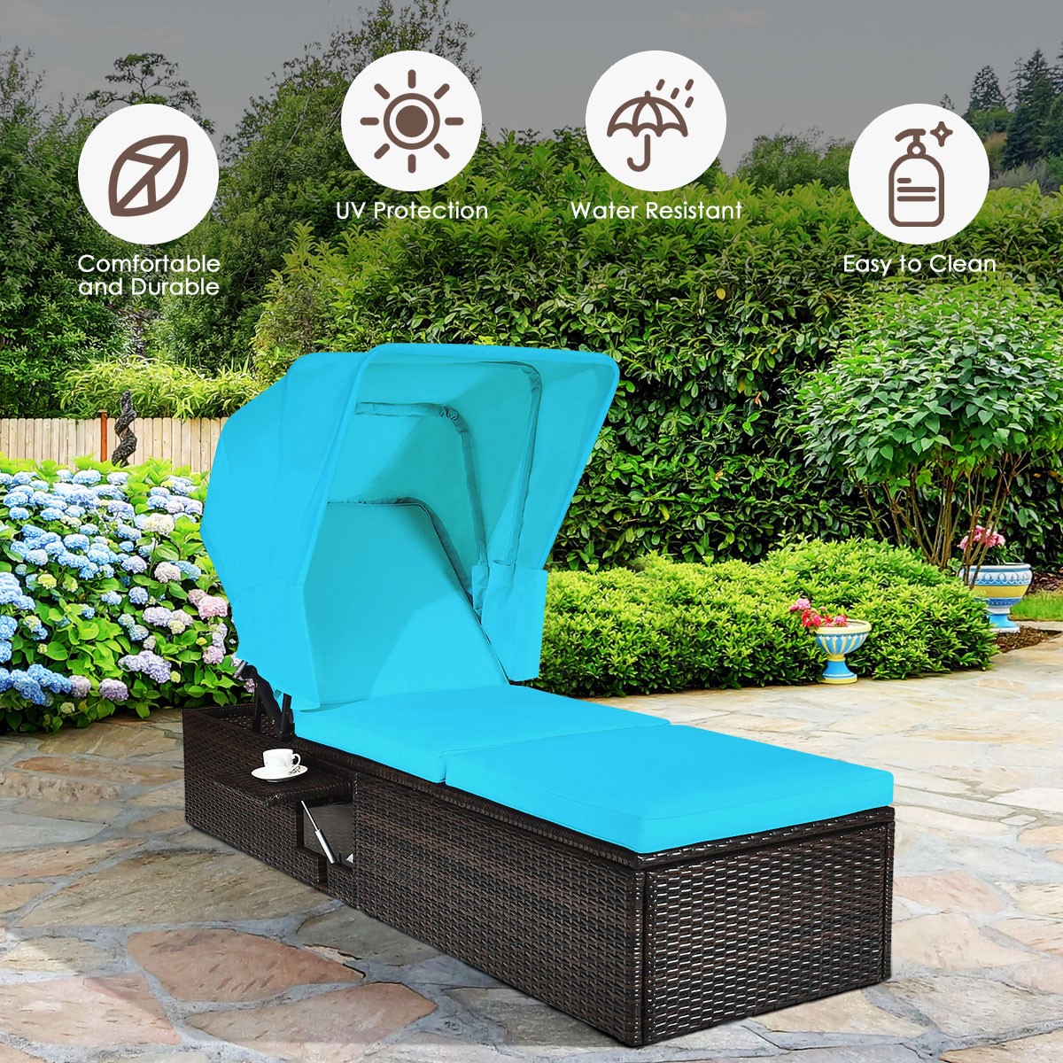 Patiojoy Patio Rattan Lounge Chaise Cushioned Top Canopy Adjustable Turquoise