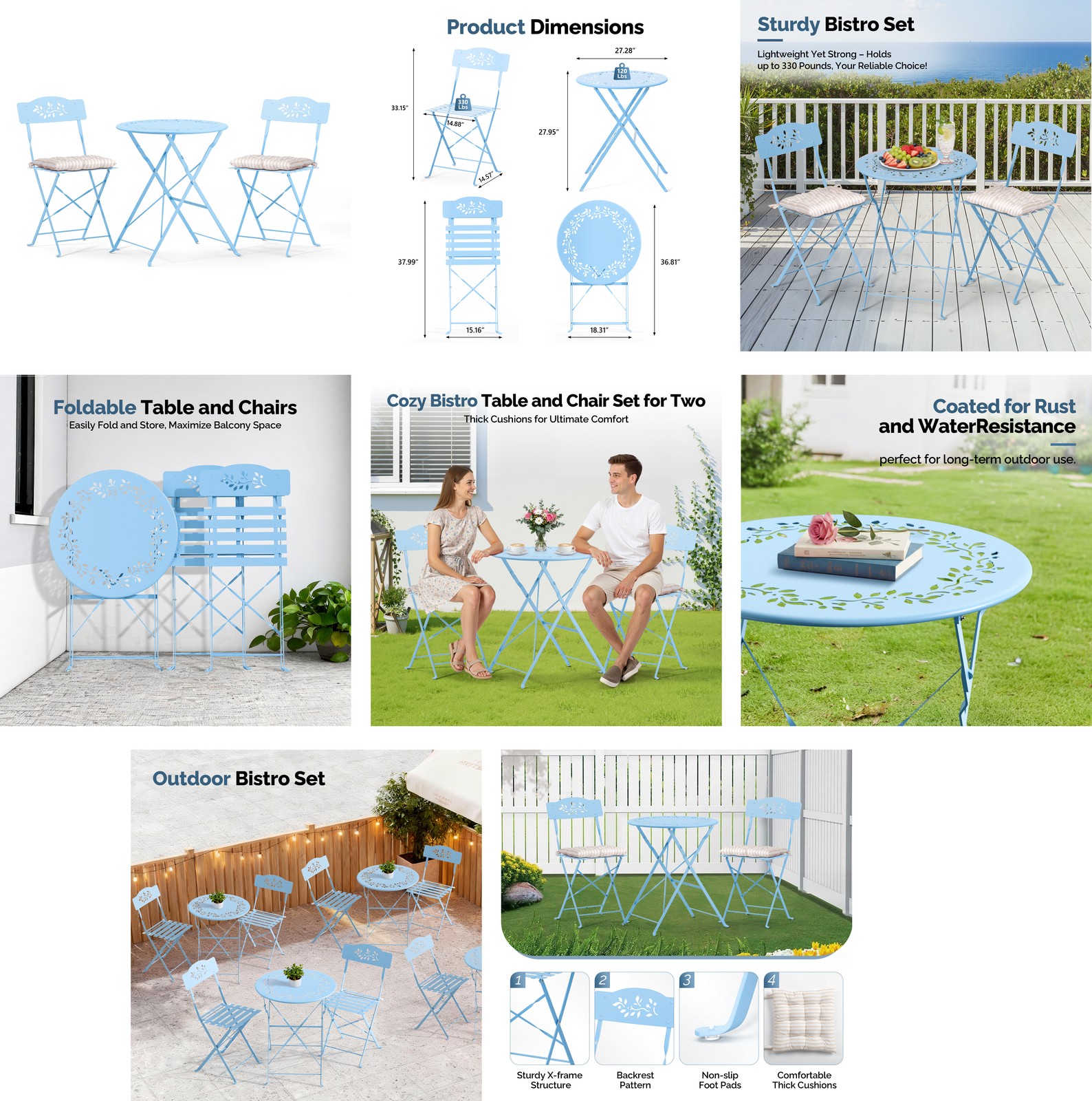 3PC Folding Bistro Table Chairs, Dining Set with 2-Seat Cushions for In/Outdoor