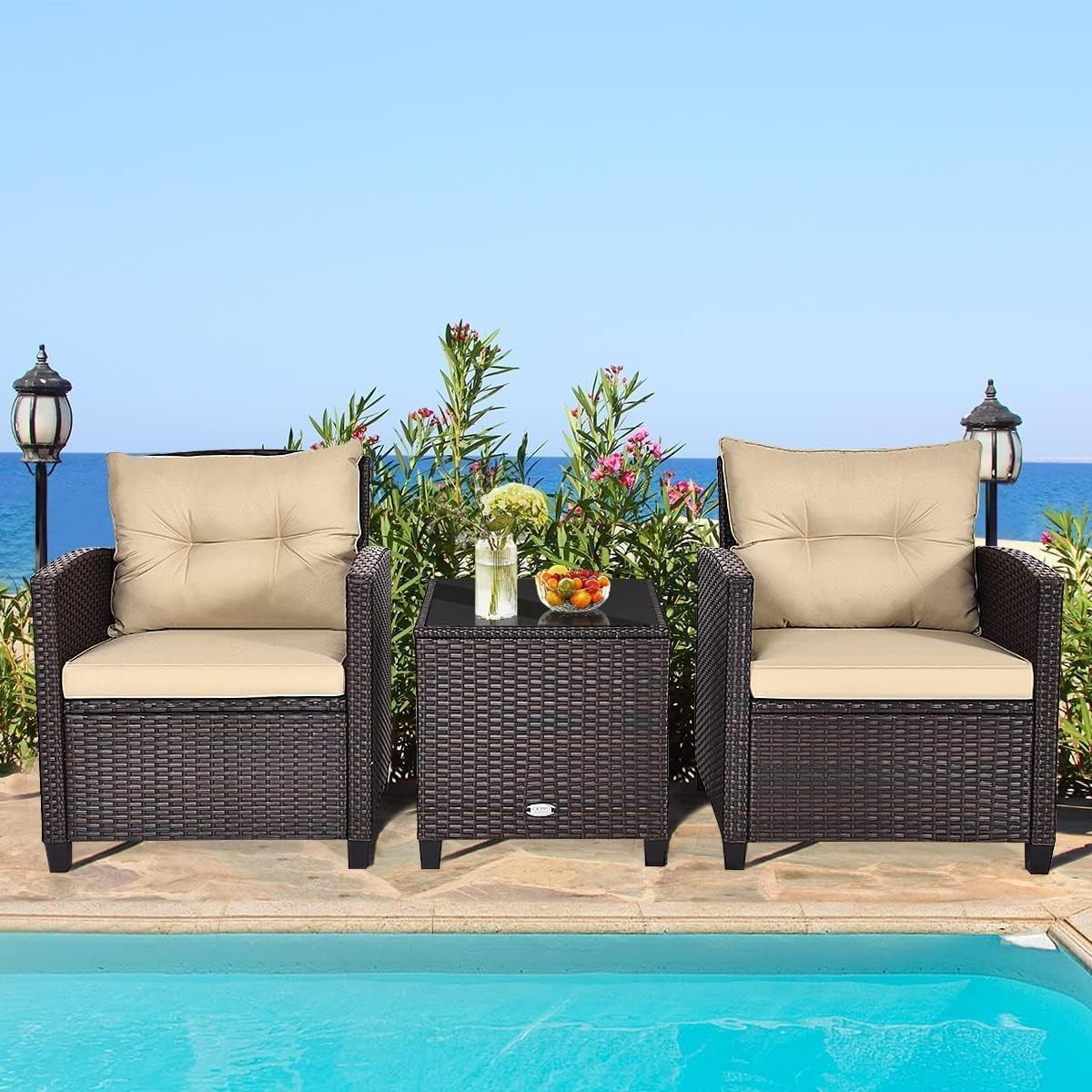 Stylish 3-Piece Rattan Sofa Set with Cushions & Glass Table for Outdoors