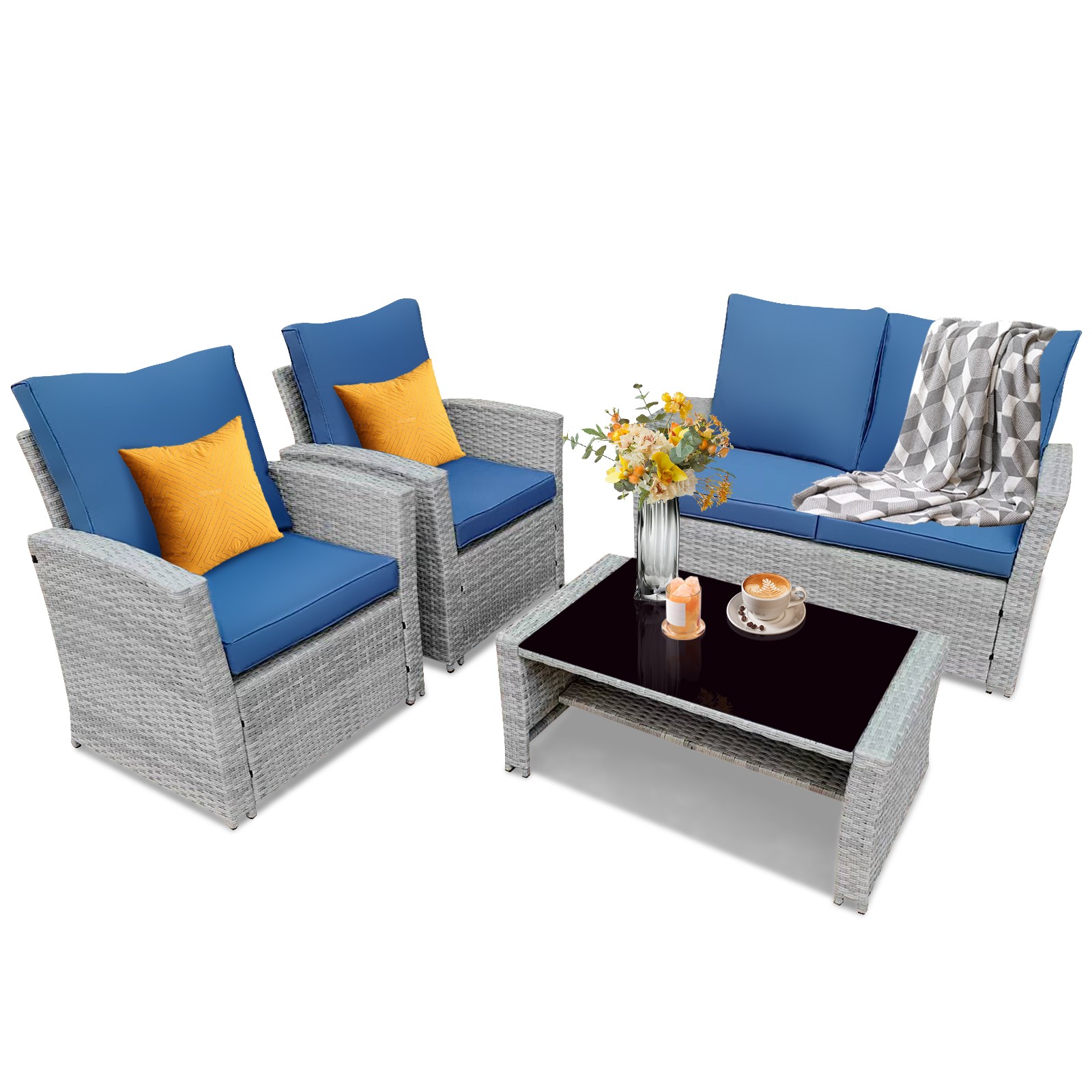 Patio Furniture Set Outdoor Sectional Patio Sofa Set of 4PCS W/Coffee Table