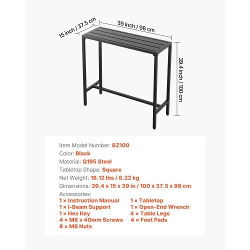 Outdoor Bar Table, 39.4 x 15 in Patio Bar Table, Waterproof Top & Sturdy Metal F