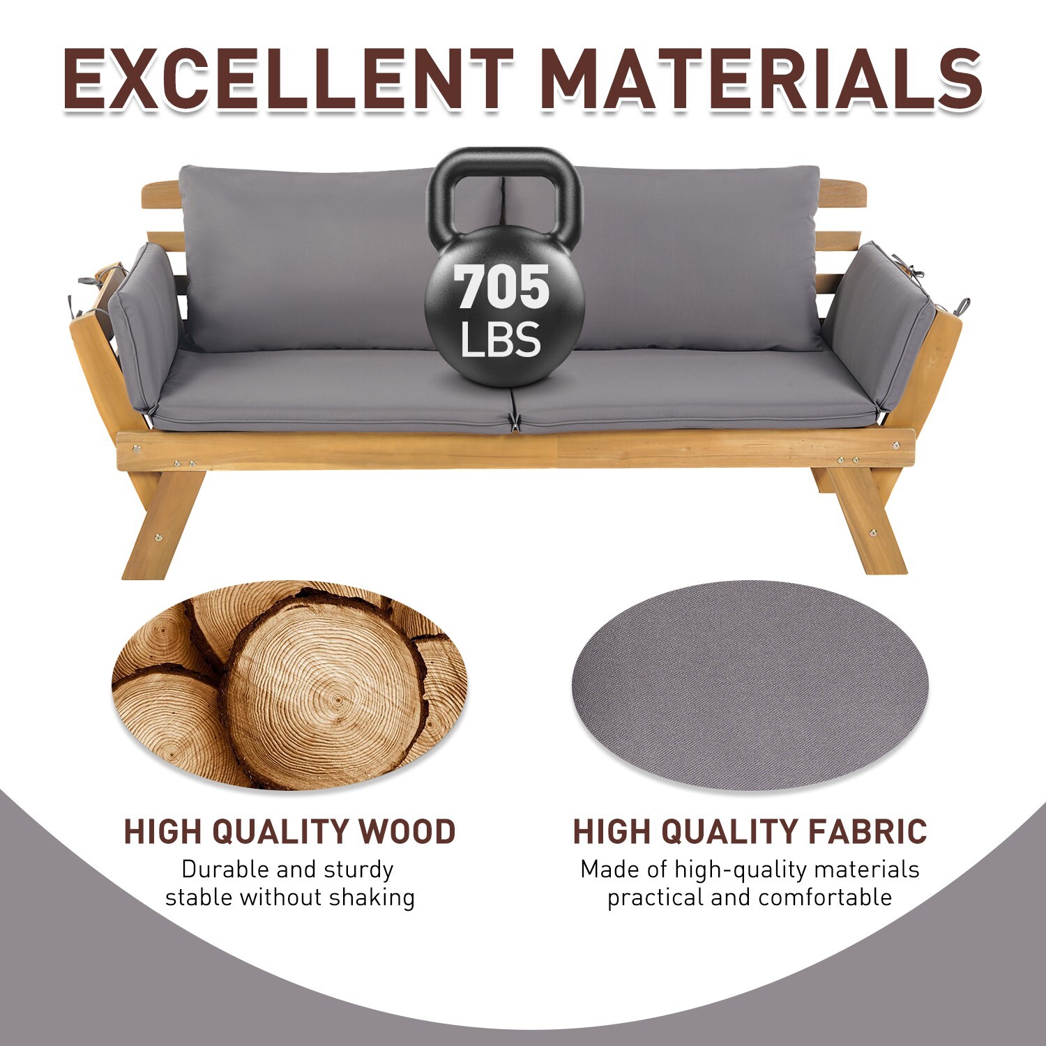 Patio Couch Daybed with Adjustable Armrest, Wooden Loveseat and Expandable Plate