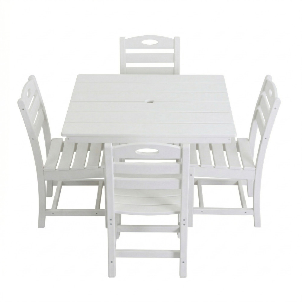 White HDPE 5-Piece Outdoor Dining Set Square Table 4 Chairs