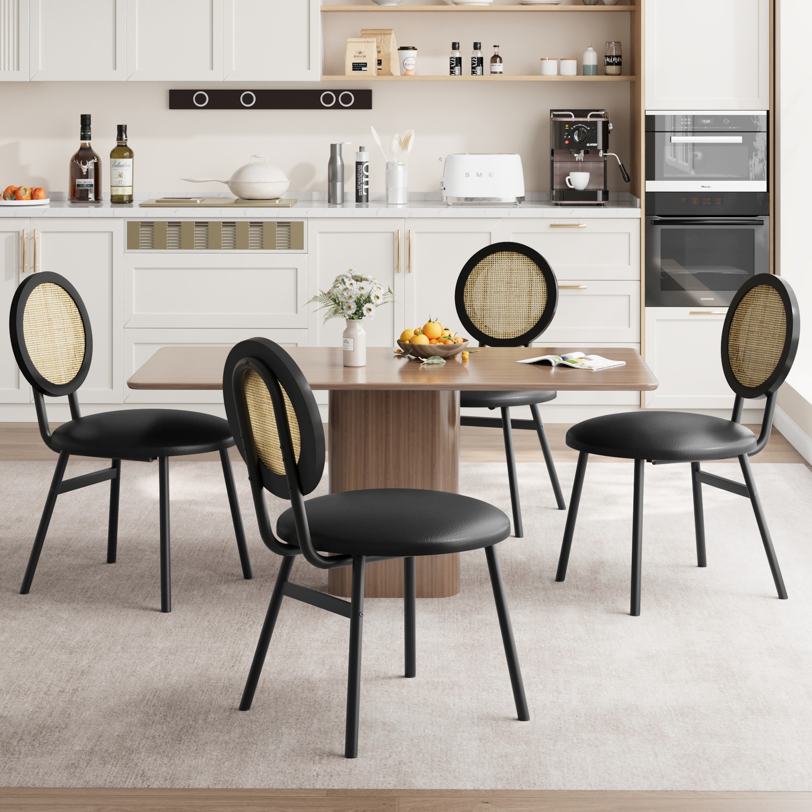 2/4 Pack Round Rattan Chairs Faux Leather Padded Seat Chairs for Dining Room US