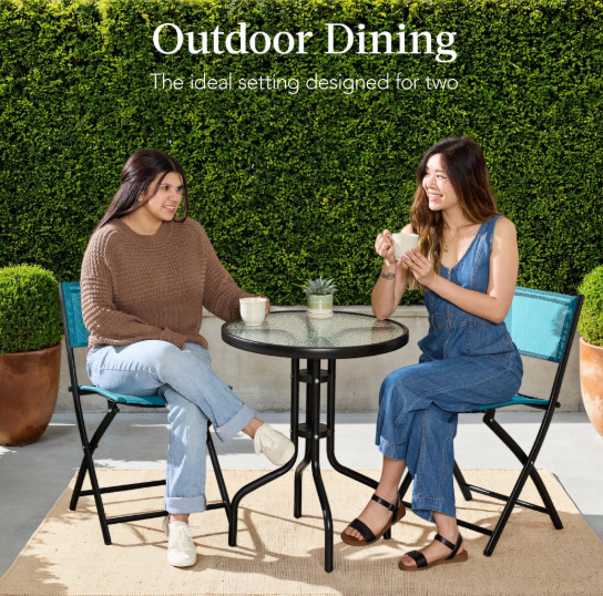 Best Choice Products 3pc Outdoor Bistro Set Tempered Glass Folding Peacock