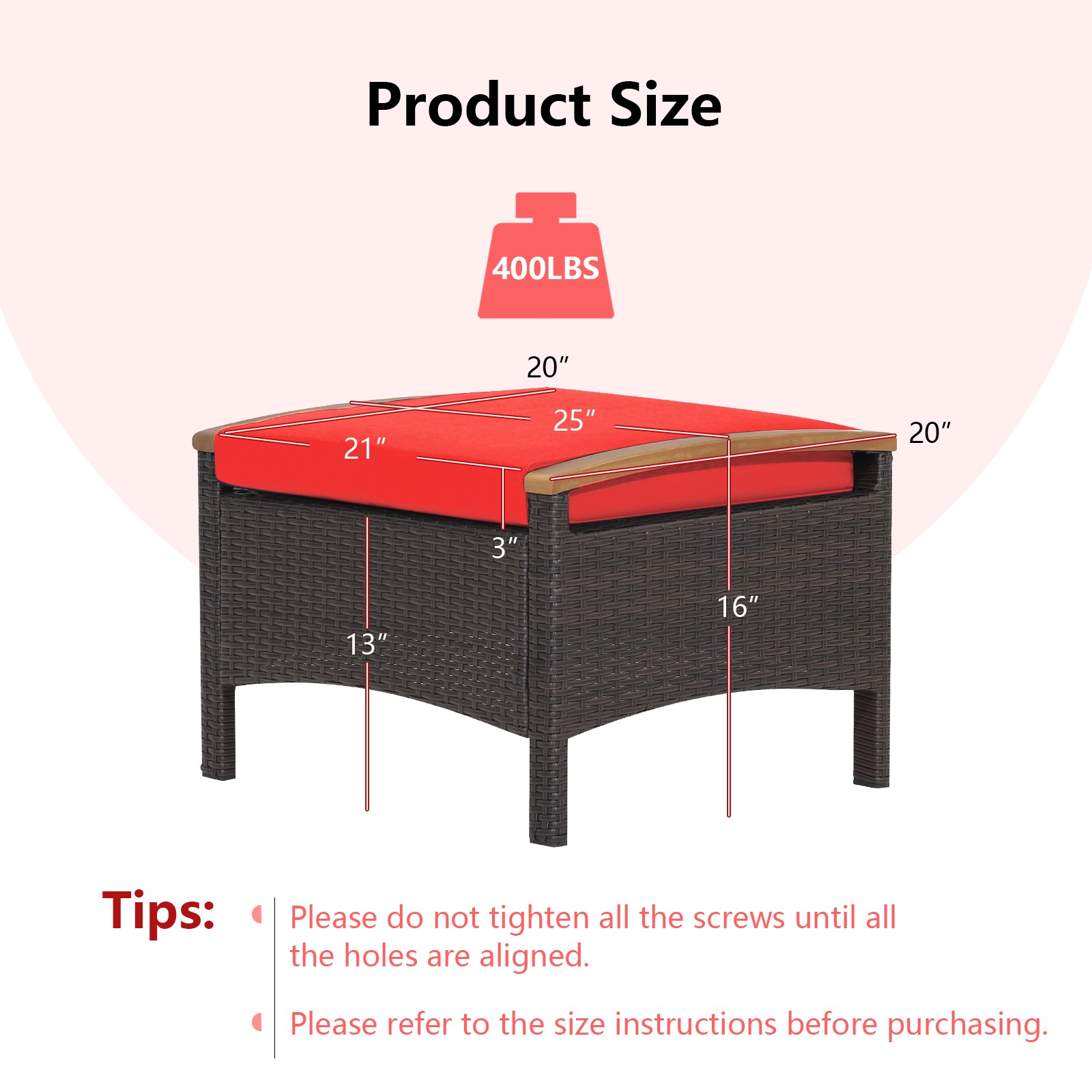 Patiojoy 2PCS Patio Ottoman w/ Sturdy Construction & Steel Frame Cushioned Red