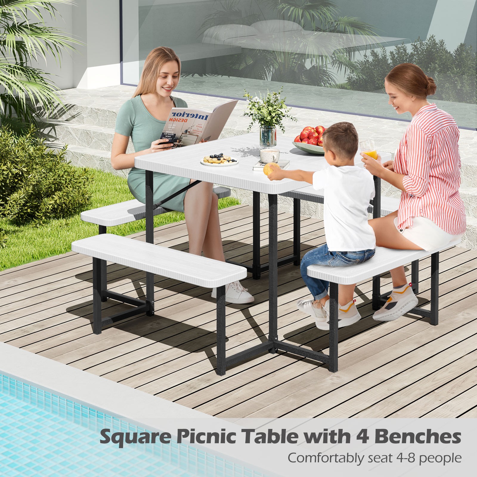 Outdoor Square Picnic Table Bench Set for 4-8 People Umbrella Hole WHT
