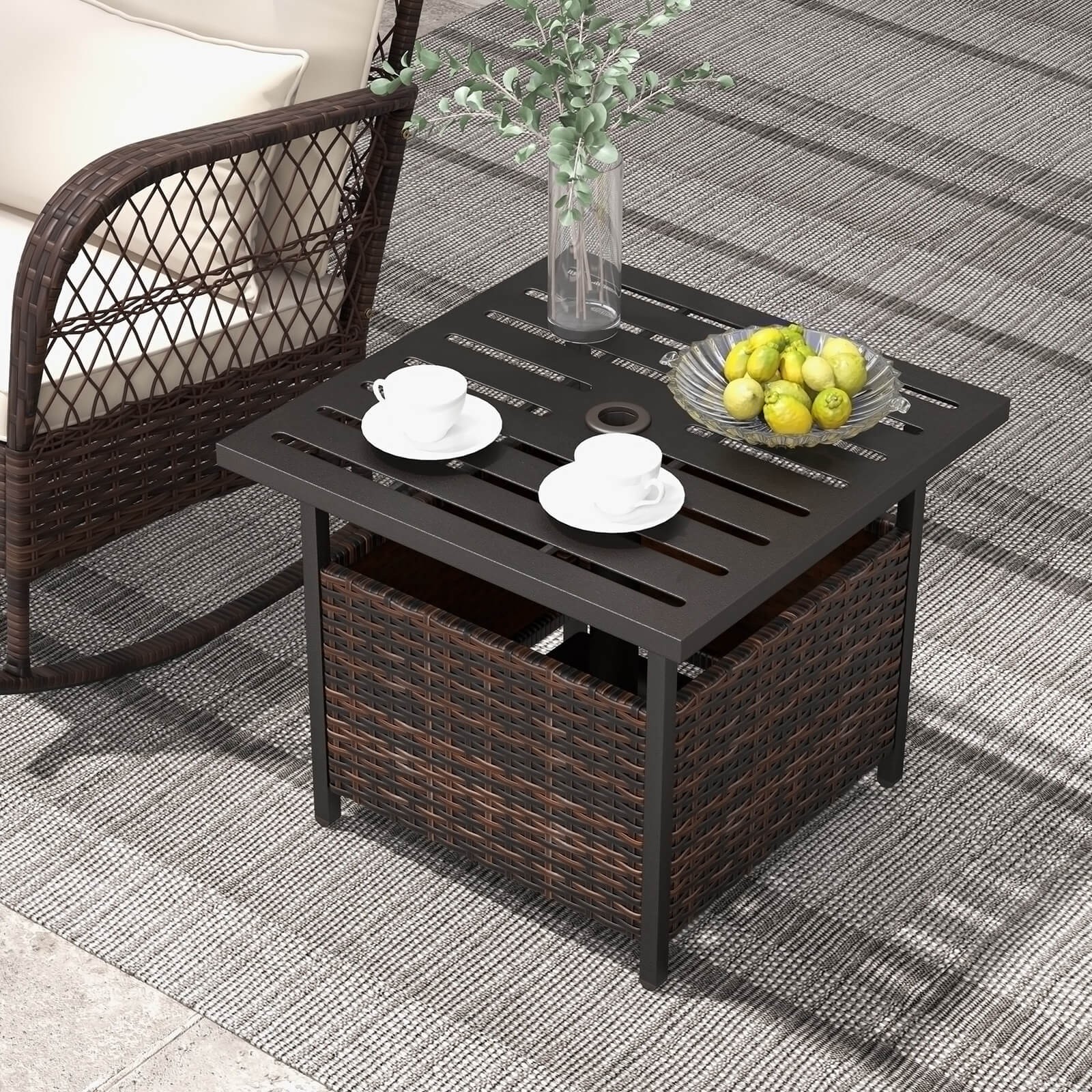 Rattan Side Table Outdoor Patio Wicker End Tea Coffee Table w/ Umbrella Hole