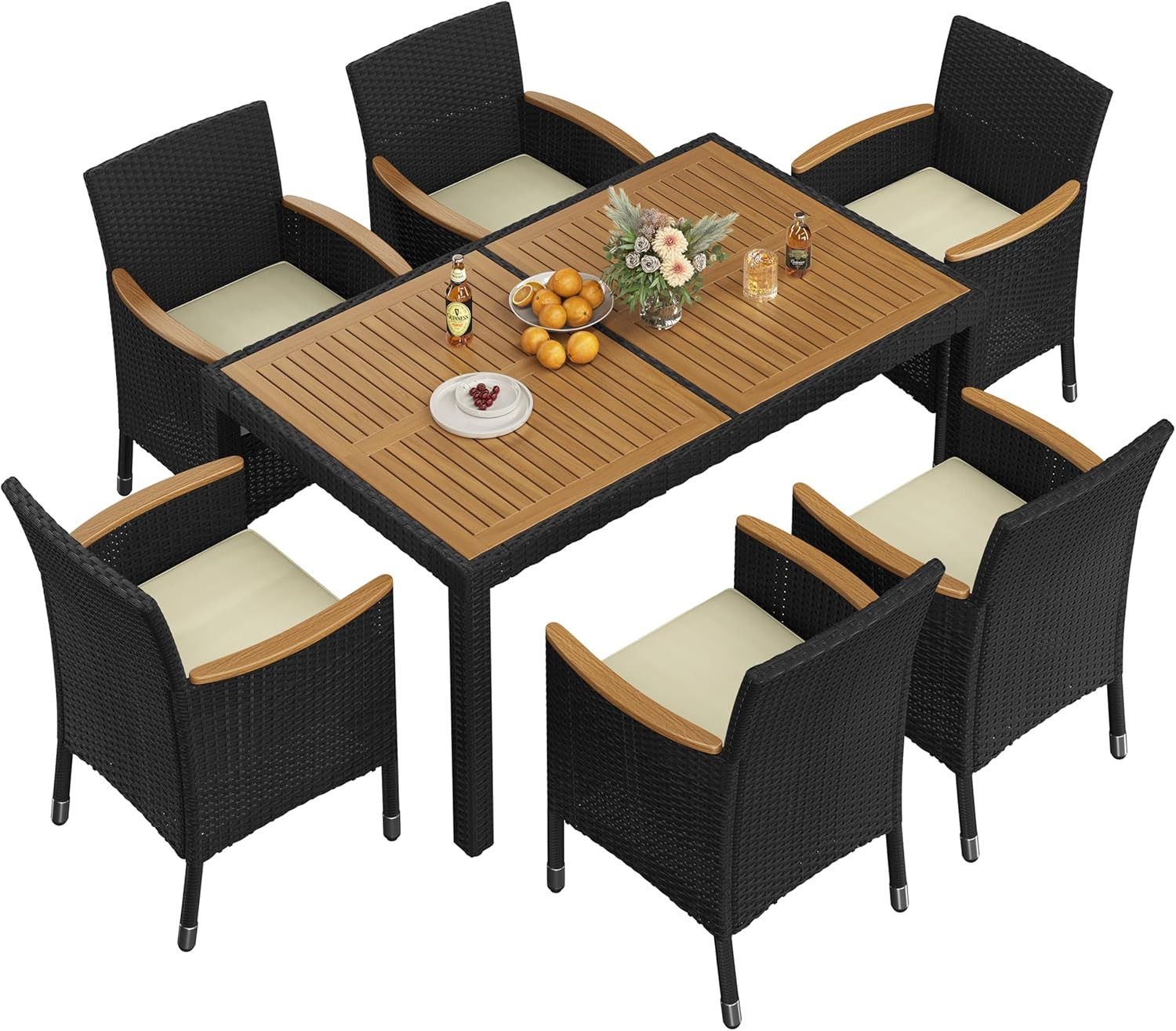 7-Piece Outdoor Patio Set with Acacia Wood Table & Soft Cushions, Black/Beige