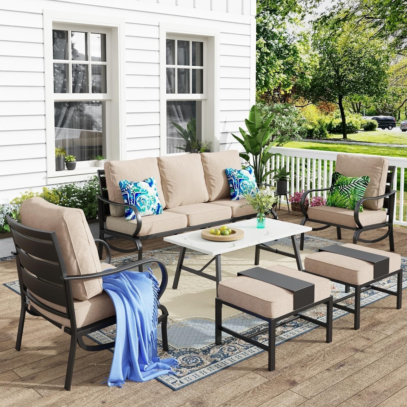 6 Piece Patio Furniture Set Outdoor Conversation Set 2 Single Chair for Backyard