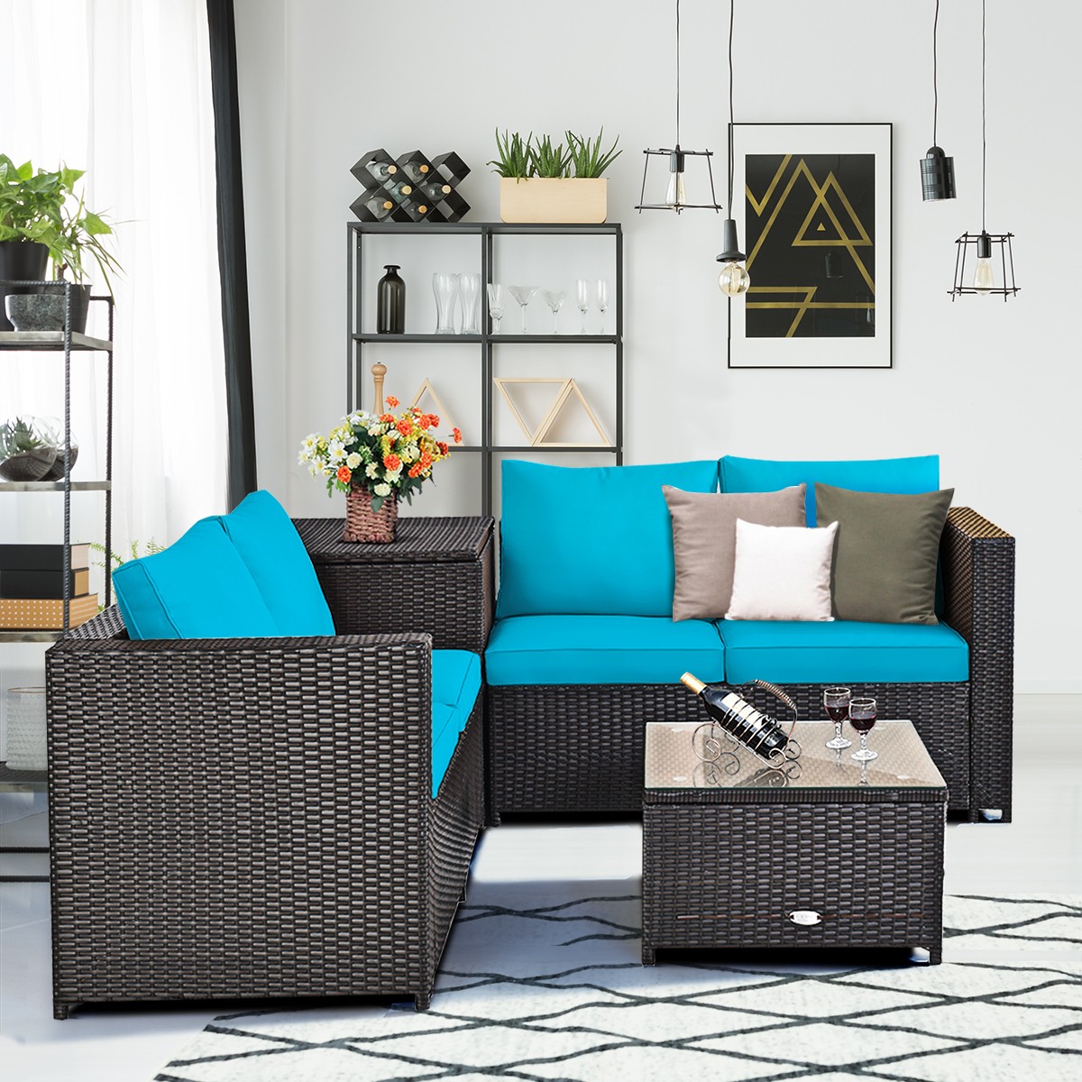 Patiojoy 4PCS Patio Rattan Furniture Set Cushioned Loveseat W/ Table Turquoise