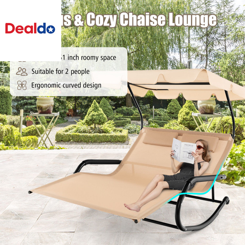 Outdoor 2 Persons Rocking Chaise Lounge with Canopy and Wheels