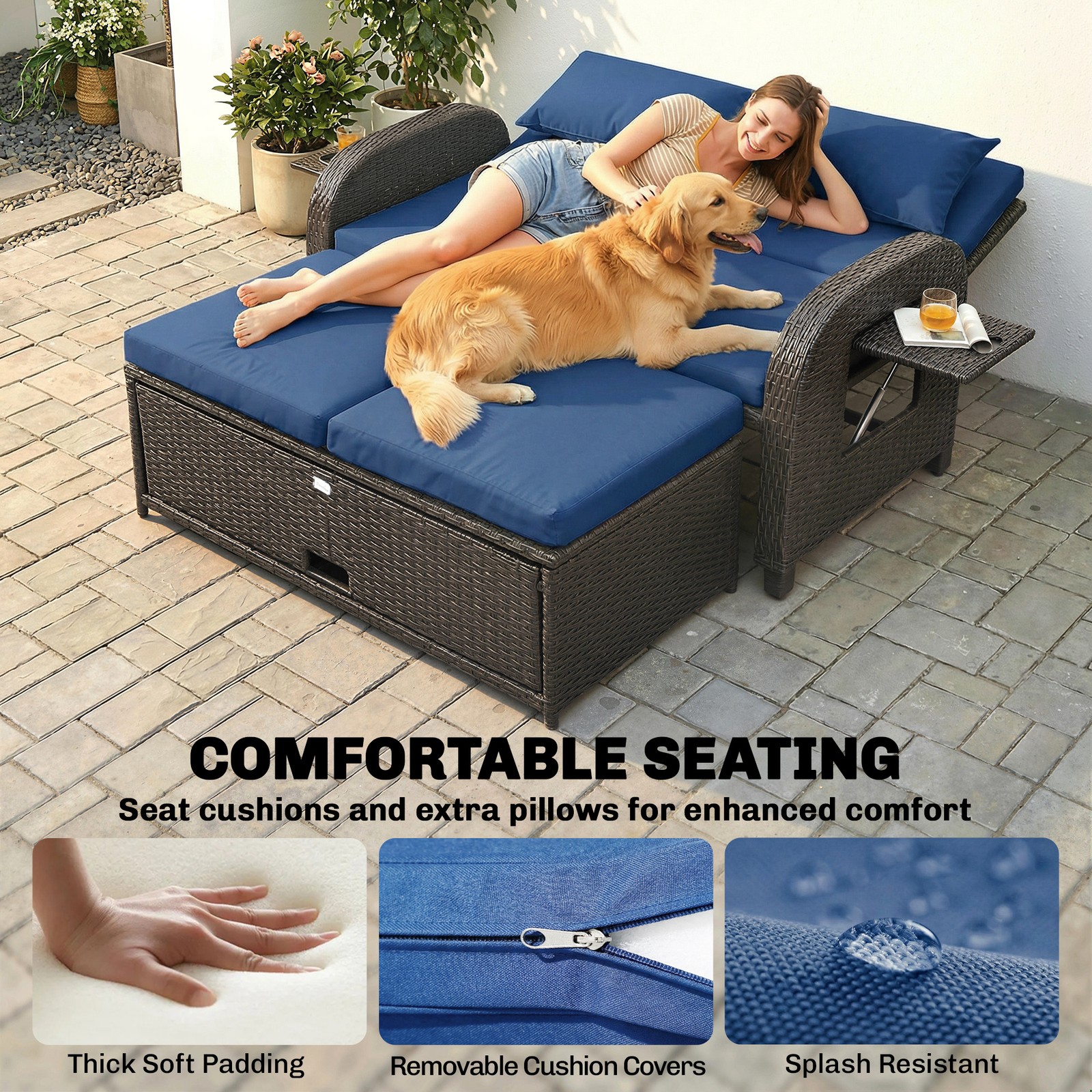 Outsunny Outdoor Patio Rattan Daybed w/ Storage Ottoman, Navy Blue