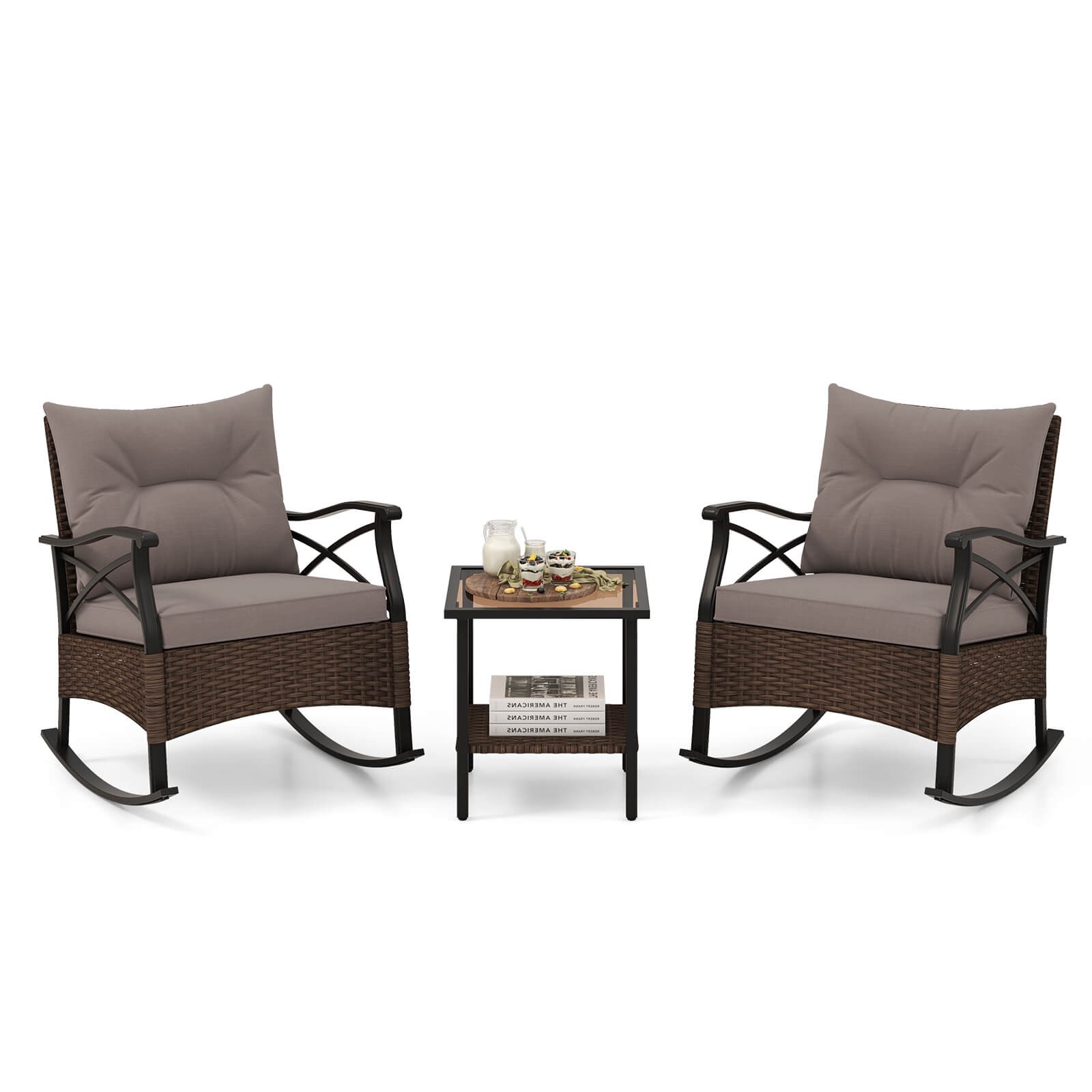 3 PCS Patio Rocker Set w/ 2-Tier Coffee Table & Soft Seat Back Cushions Outdoor