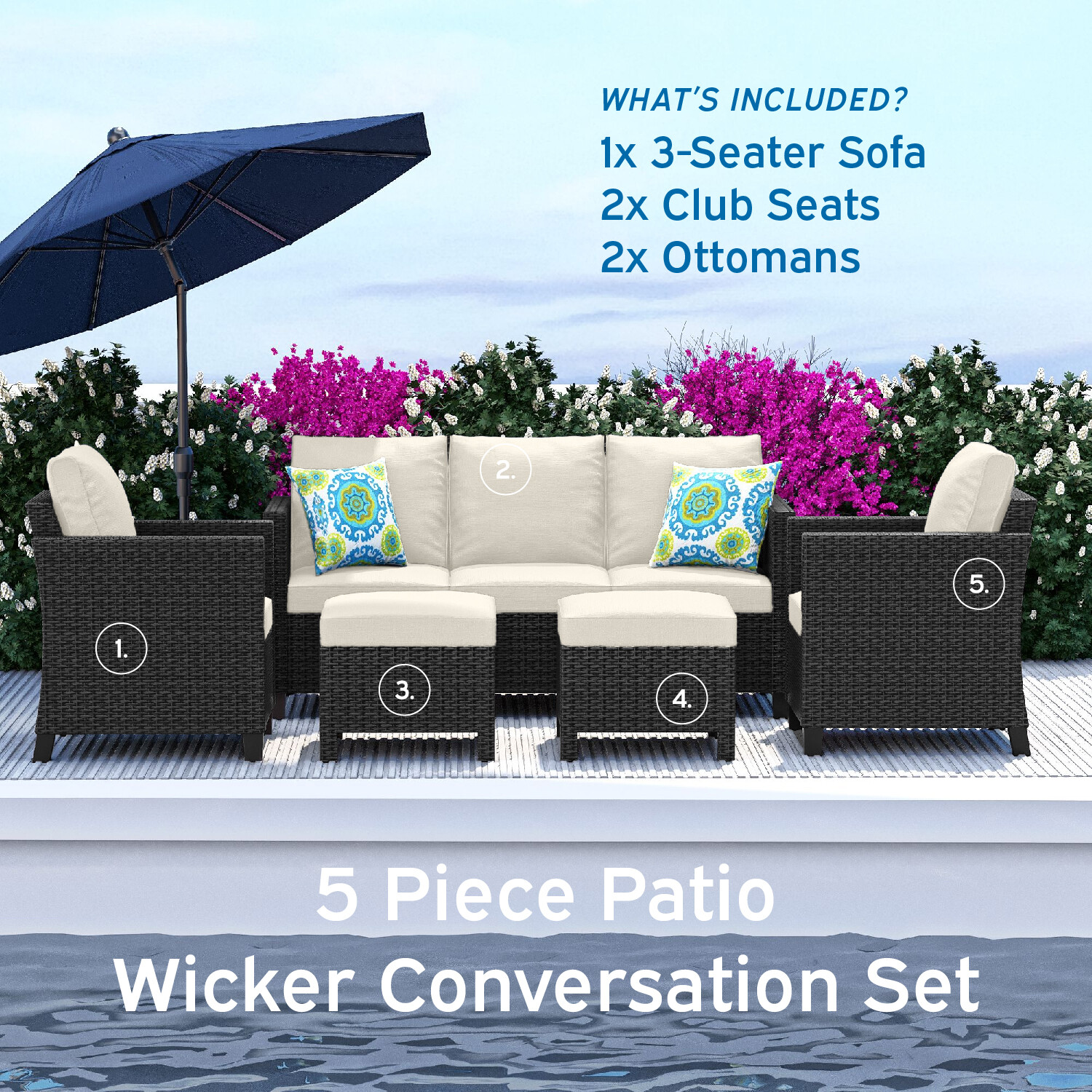 5 Piece Patio Furniture Set by Nestl-Patio Sofa, Outdoor Couch, Chairs, Ottomans