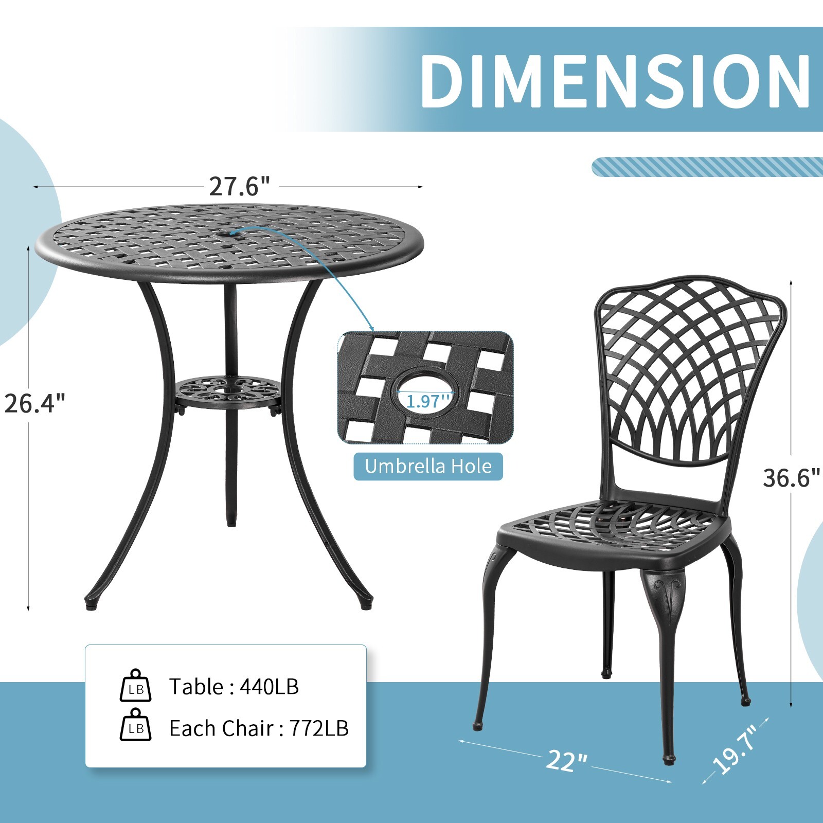 Bistro Set 3 Piece All Weather Outdoor Bistro Table and Chairs Set of 2 Black