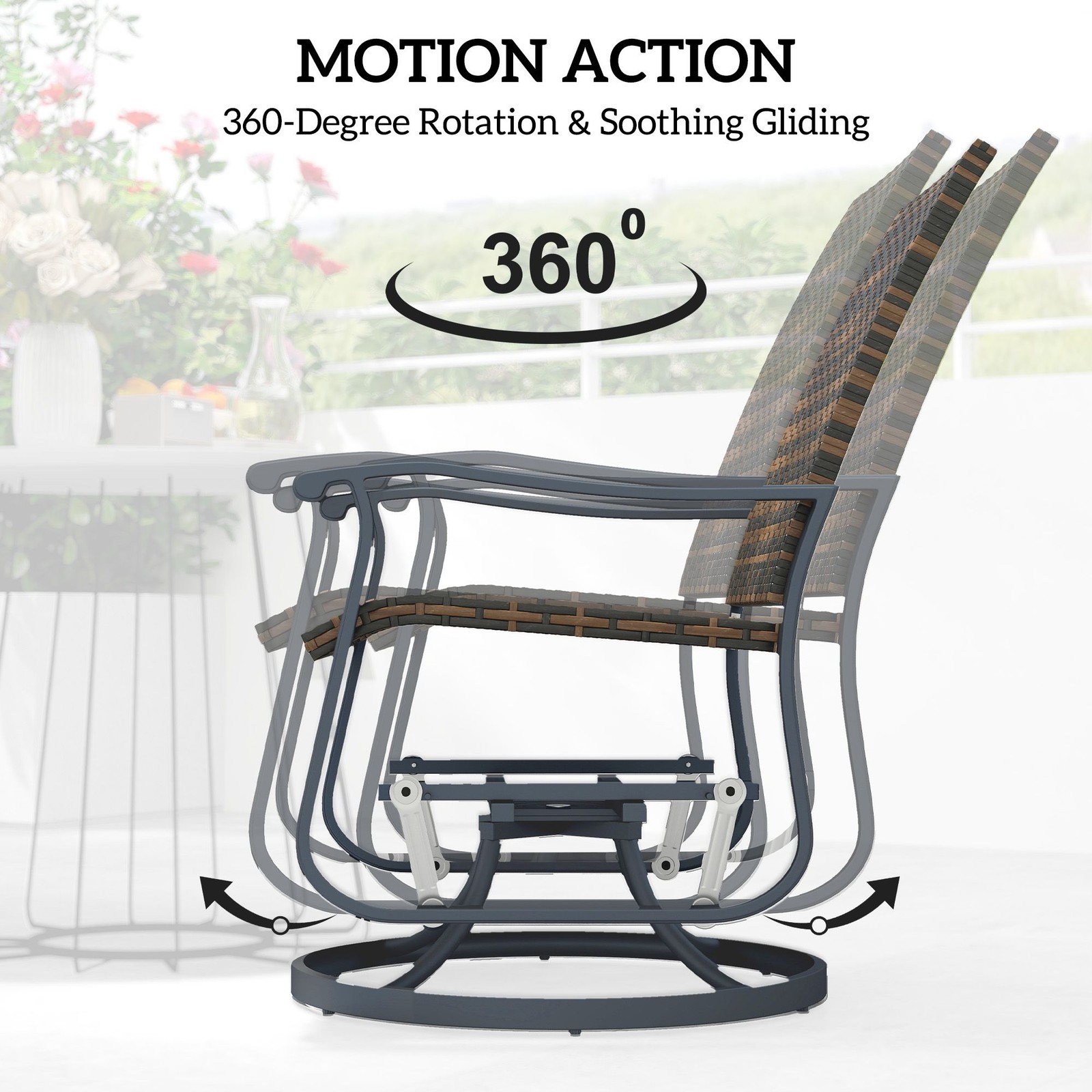 PE Wicker Glider Set of 2, Powder-Coated Steel, High Back, Brown, Outdoor