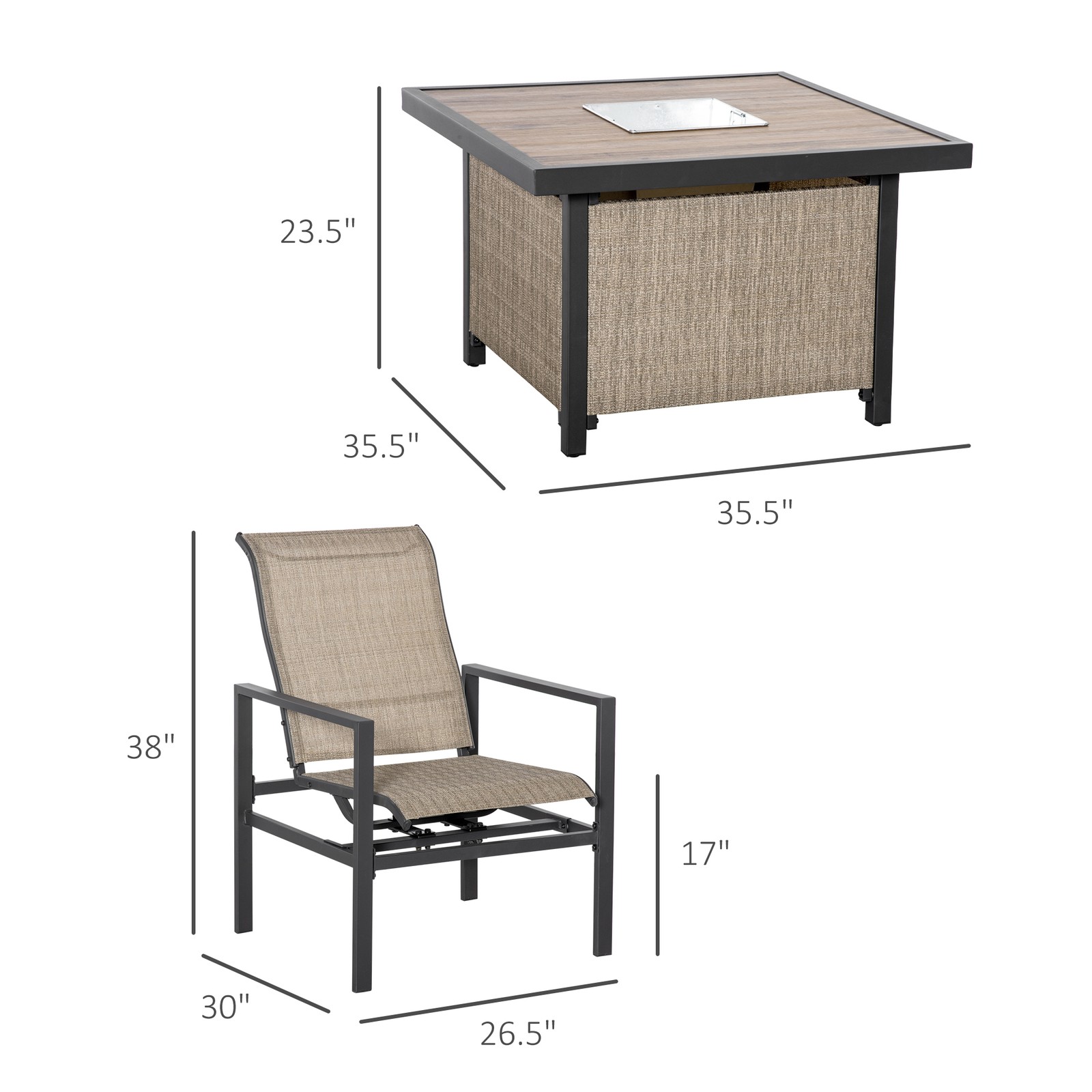5pc Outdoor Beige Patio Dining Set, Ice Bucket, 4 Rocking Chairs, Square Table