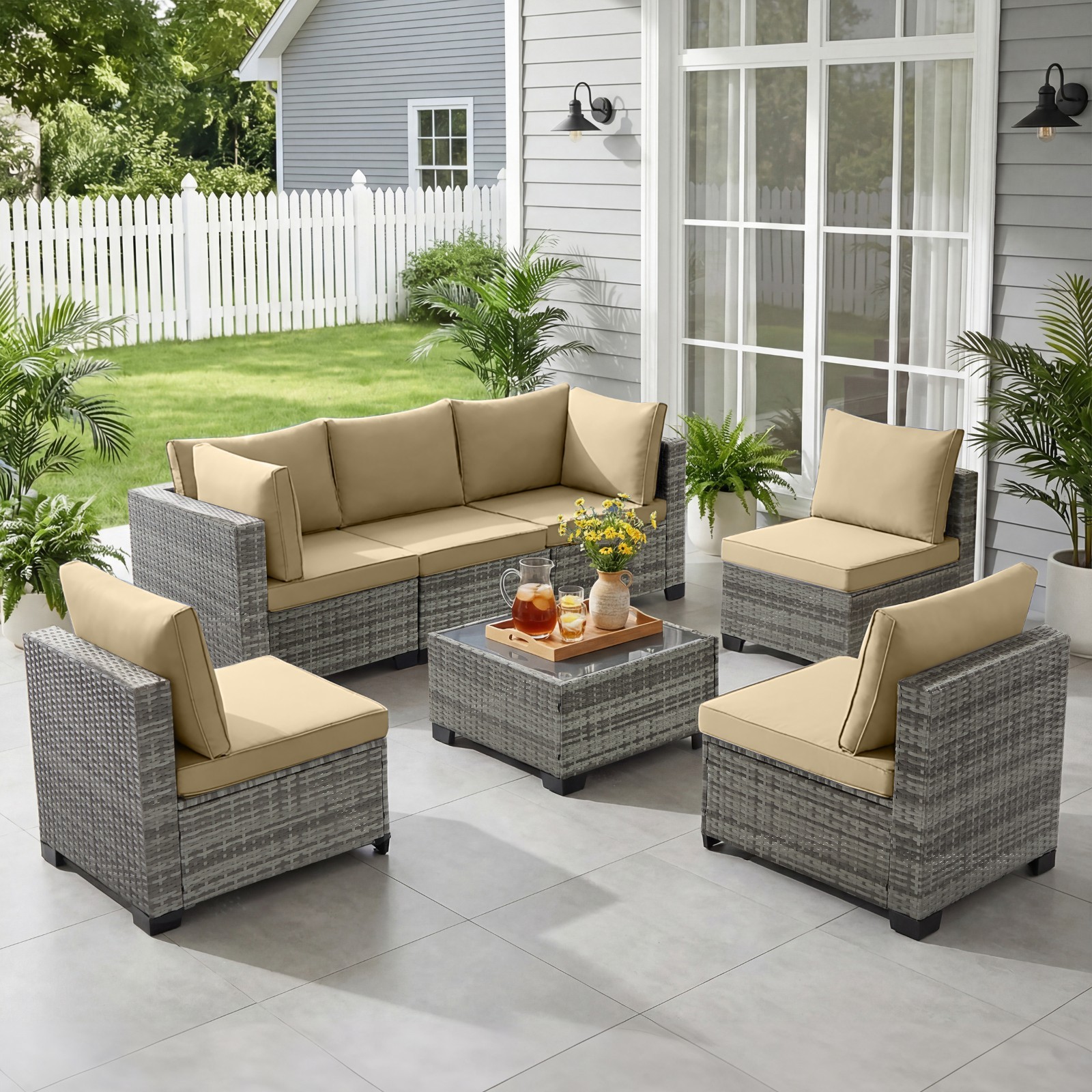 7 PCS Patio Set Wicker Sofa Sectional with Glass Table for Backyard Deck 6 Seat