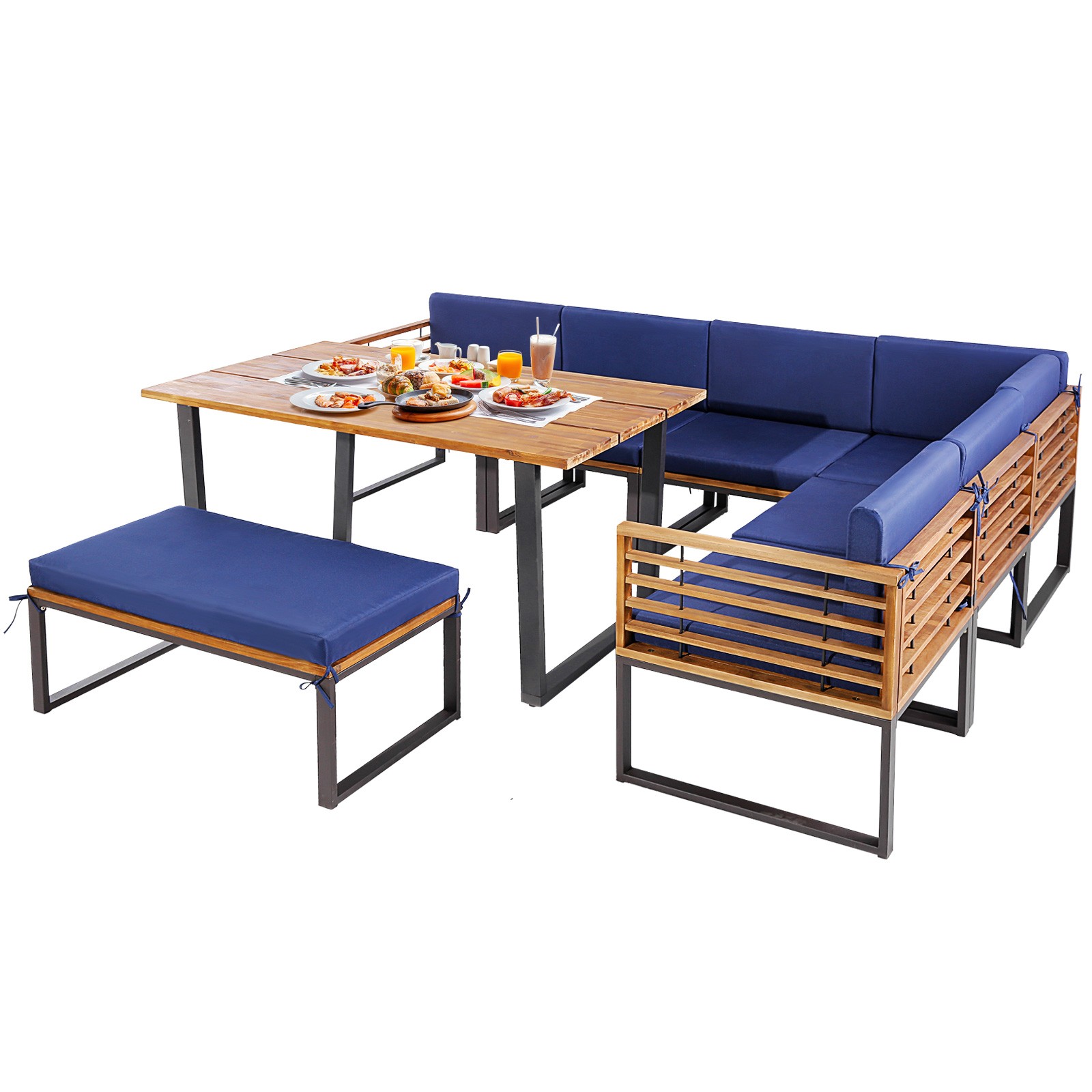 8pcs Patio Acacia Wood Dining Table & Ottoman Sofa Chair Set Outdoor Furniture