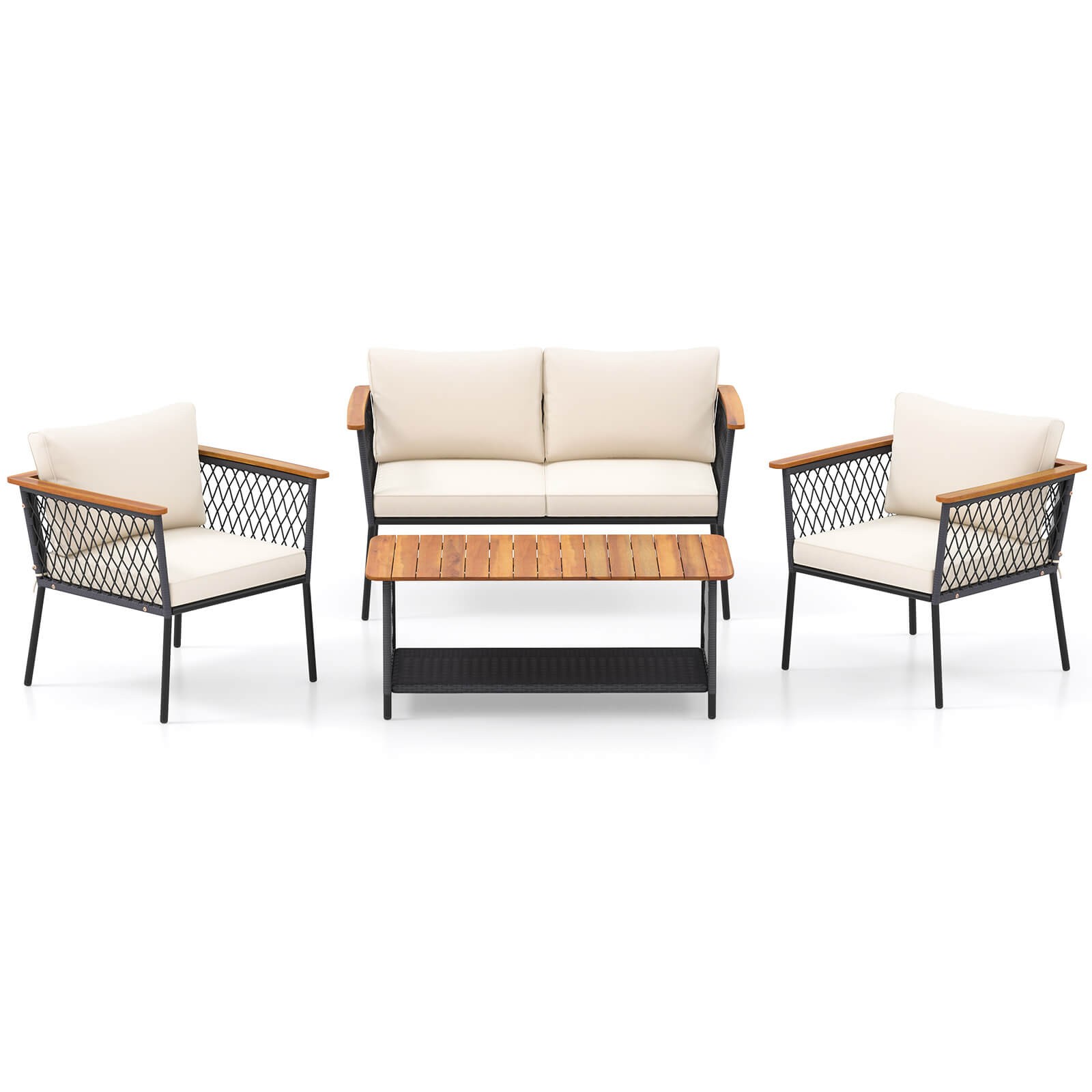 4 PCS Patio Furniture Set w/ 2-Tier Coffee Table Acacia Wood Armrests & Tabletop
