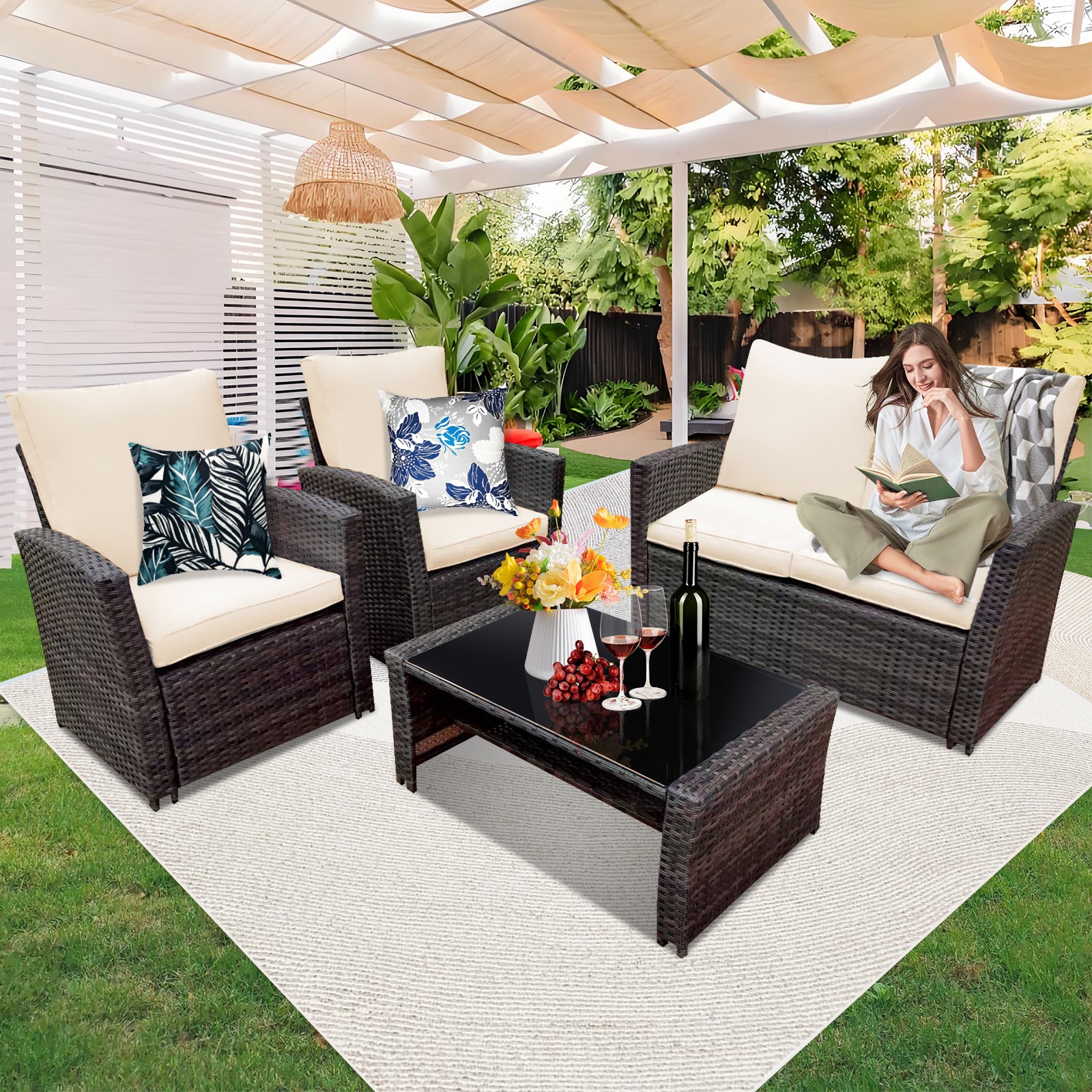 Patio Furniture Set Outdoor Sectional Patio Sofa Set of 4PCS W/Coffee Table
