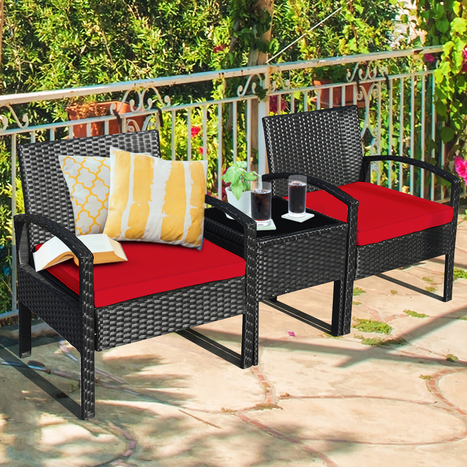 3PCS Patio Rattan Conversation Furniture Set Outdoor Yard w/ Red Cushions