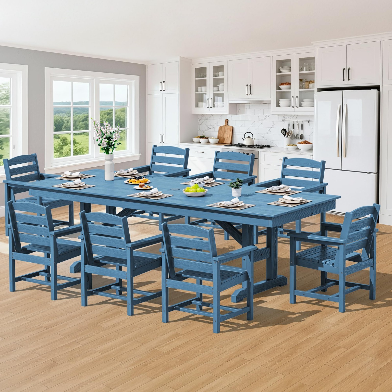 9-Piece 84″ Outdoor Dining Set for 8 – HDPE, Armchairs, Umbrella Hole, Blue