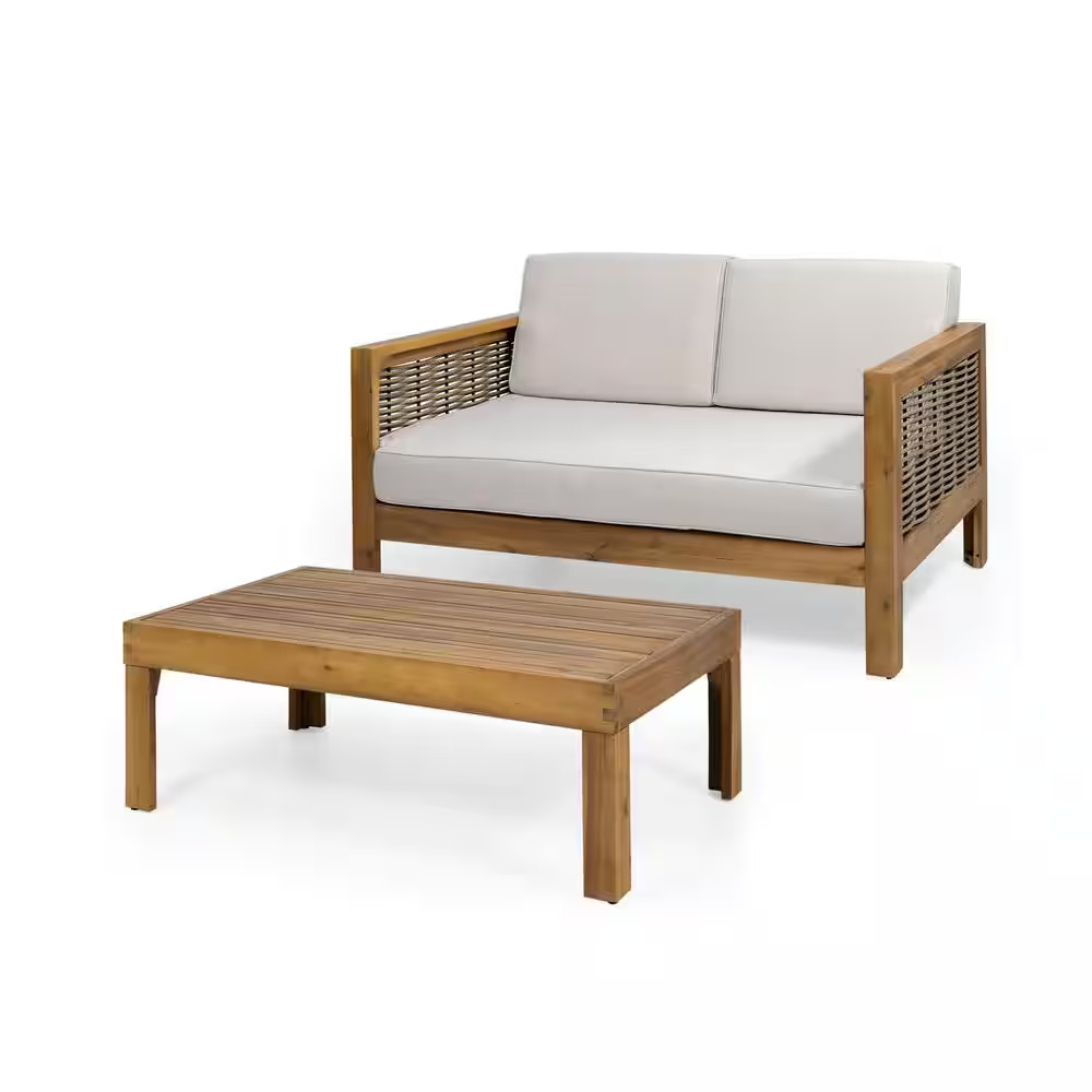 Randal Teak Acacia Wood and Mixed Brown Wicker Outdoor Patio Loveseat and Coffee