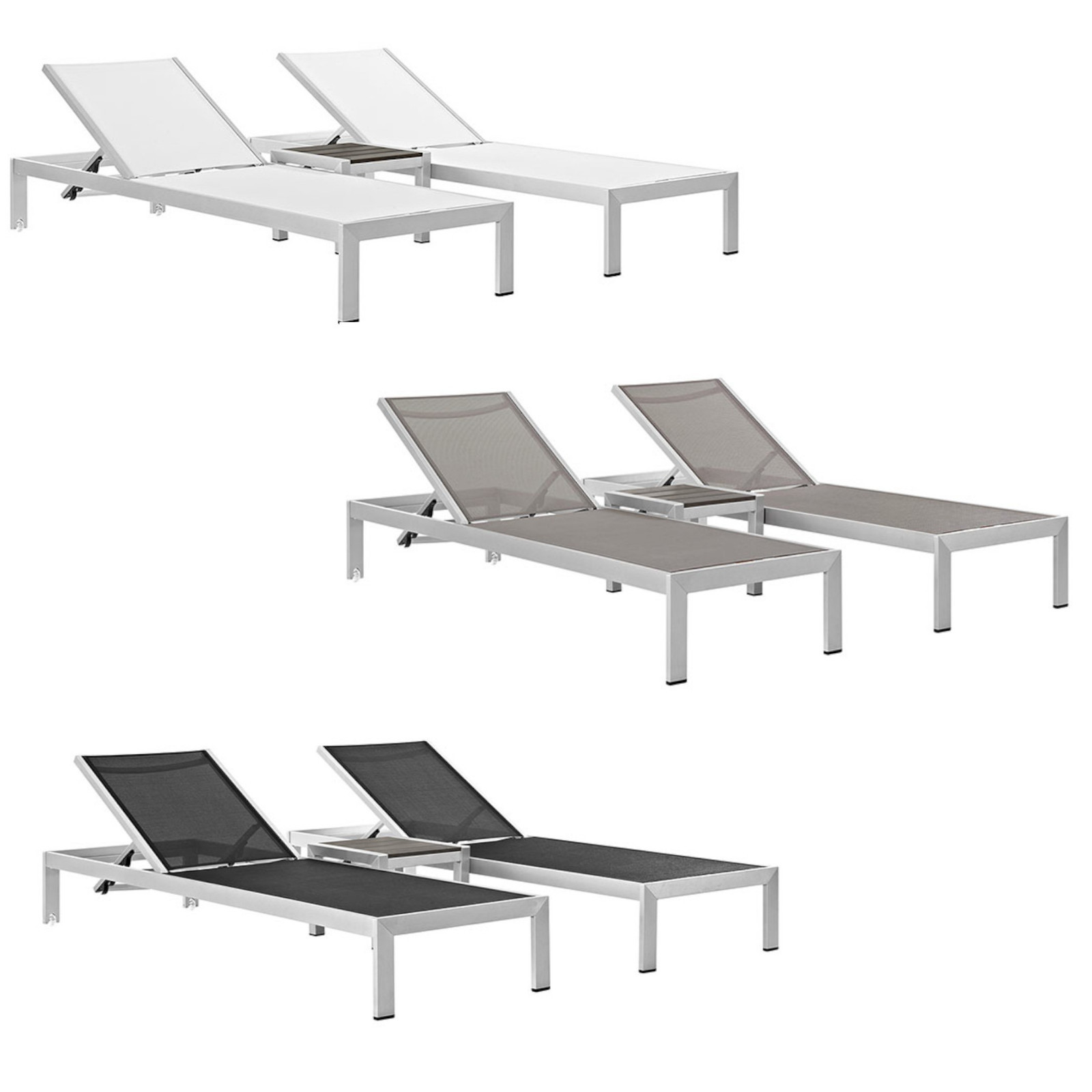 2 Sun Lounge Chairs & Table – Black, White or Gray Mesh – Brushed Aluminum Frame