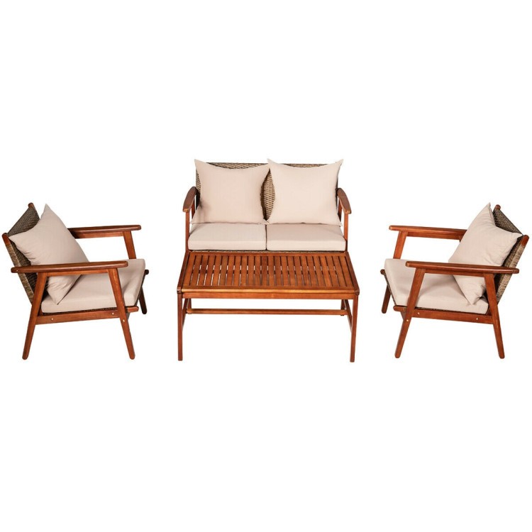 4-Piece Acacia Wood Patio Rattan Furniture Set with Cushions – Outdoor/Indoor