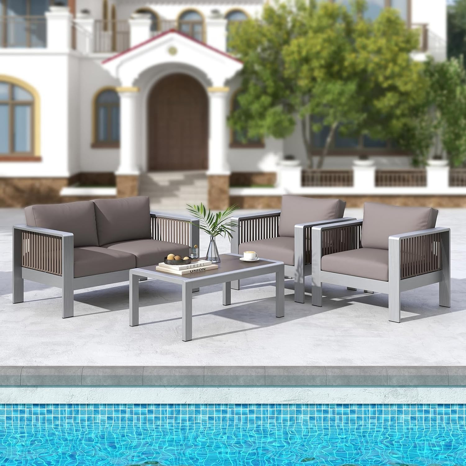 Stylish Gray Aluminum Armchair with Plush Cushions for Outdoor Relaxation