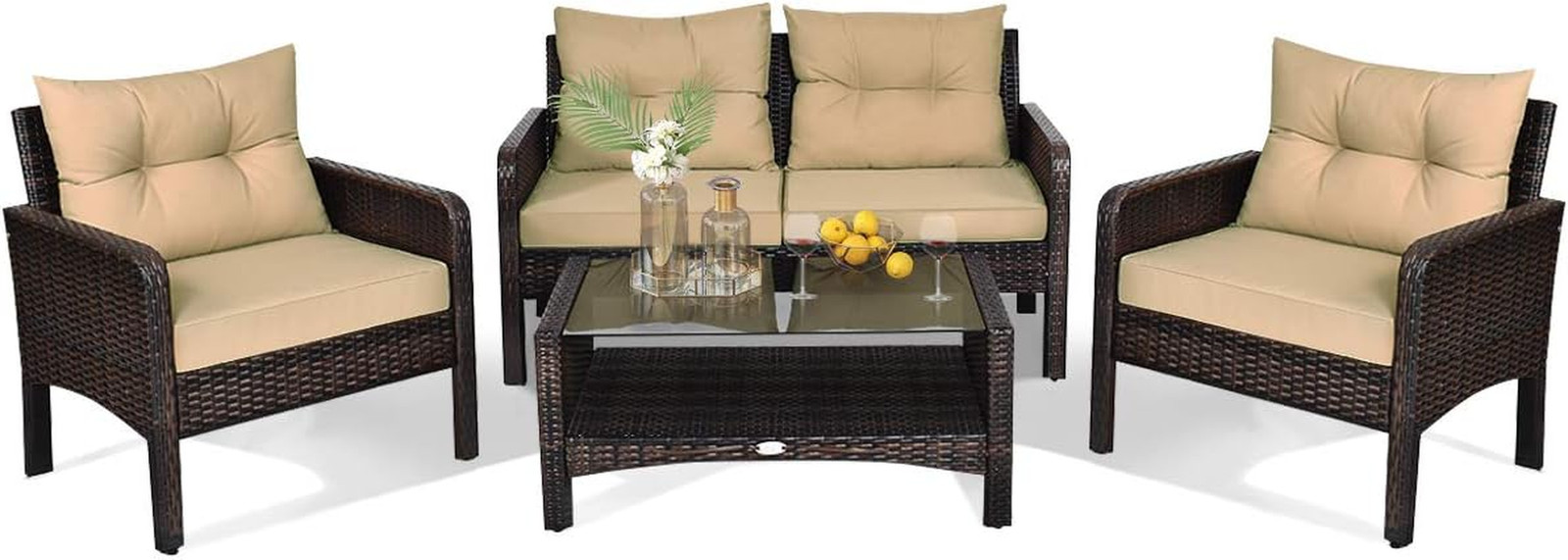 HAPPYGRILL 4-Piece Patio Furniture Outdoor Rattan Wicker Sofa Set with Cushions