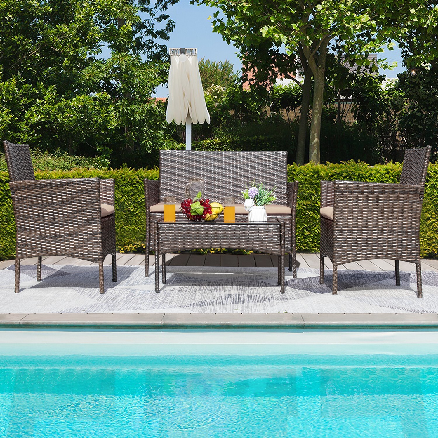 Devoko 4 Pieces Outdoor Patio Conversation Set PE Rattan Wicker Furniture Set, B