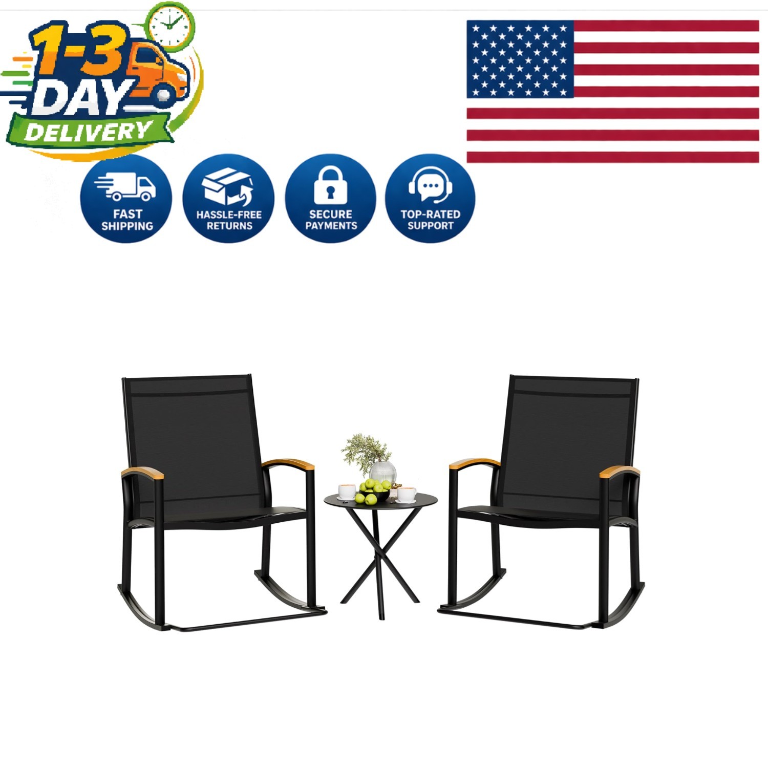 Stylish Black Textilene Outdoor Rocking Bistro Set: Chairs and Table Included