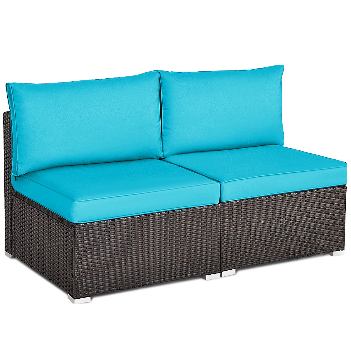 2PCS Patio Rattan Armless Sofa Sectional Furniture Conversation Set Turquoise