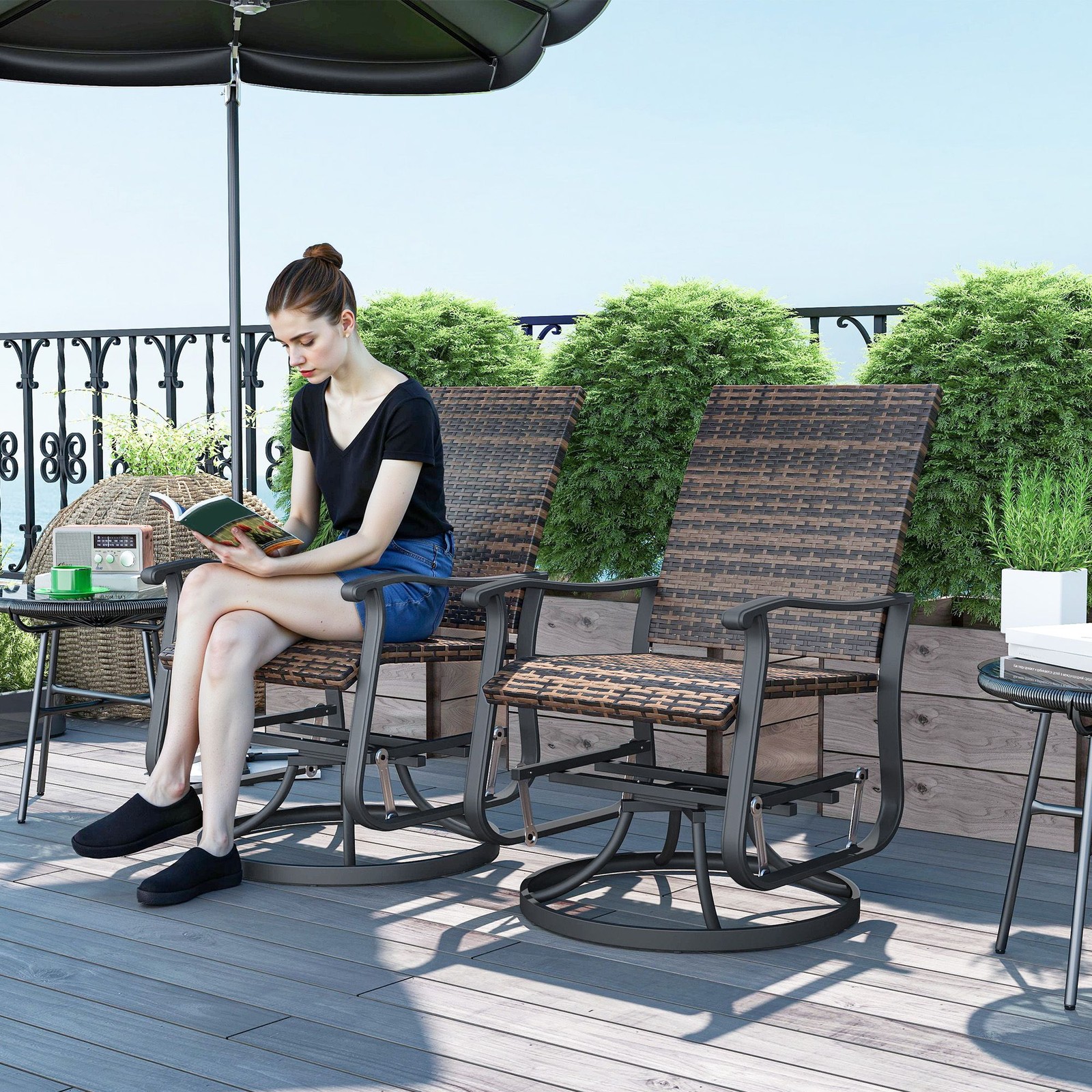 PE Wicker Glider Set of 2, Powder-Coated Steel, High Back, Brown, Outdoor