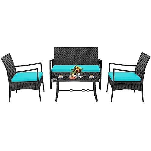 4 Pieces Rattan Conversation Set, Patio Sofa Couch Set with 1 Turquoise