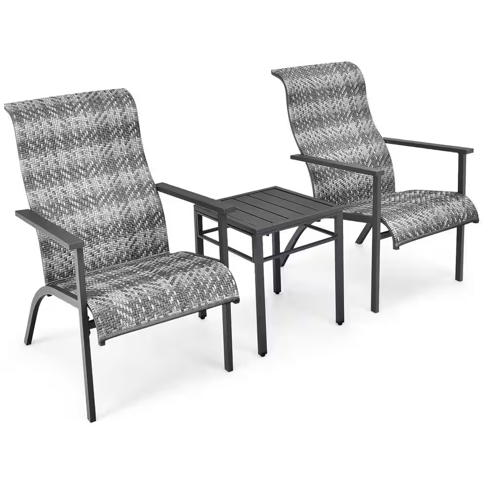 3-Piece Rattan Bistro Chair Set Patio Furniture Set W/Table Mix Gray