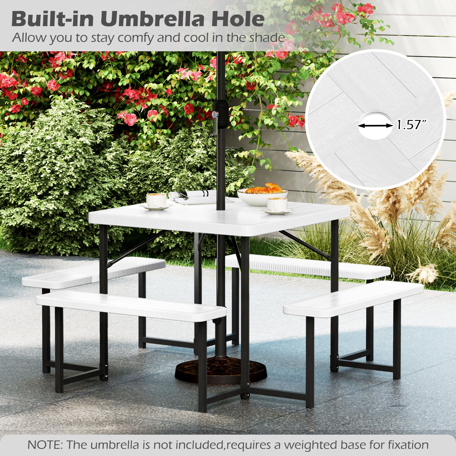 Outdoor Square Picnic Table Bench Set for 4-8 People Umbrella Hole WHT