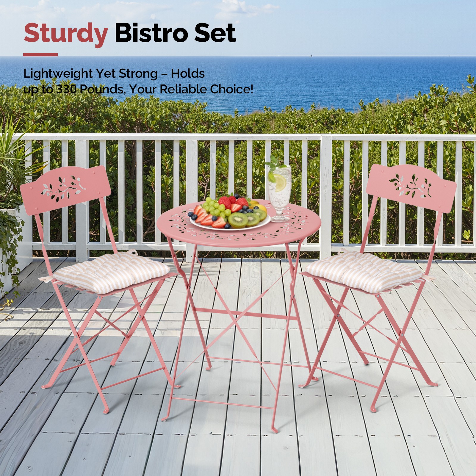 3PC Folding Bistro Table Chairs, Dining Set with 2-Seat Cushions for In/Outdoor