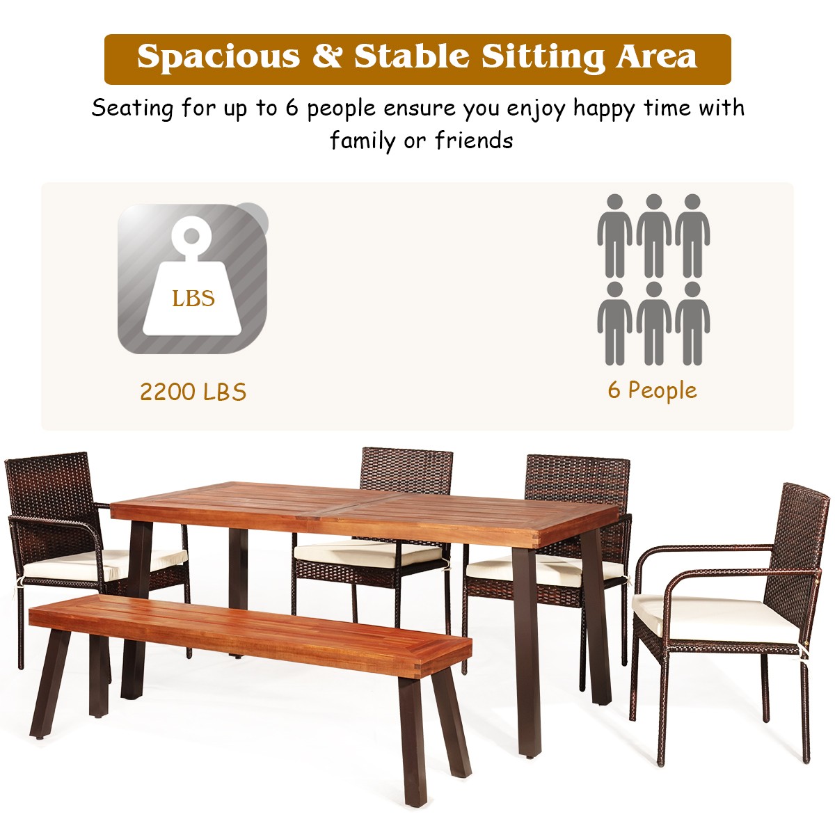 Patiojoy Patio 6PCS Rattan Dining Set Acacia Wood Tabletop Cushioned Chair